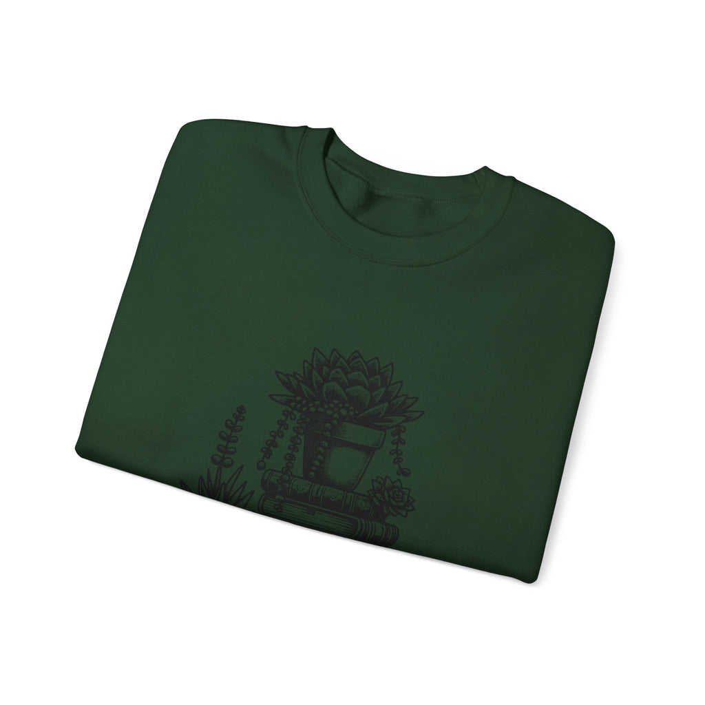 Book Lover Sweatshirt — “Just a Girl Who Loves Books” Cozy Crewneck with Succulent Stack Design