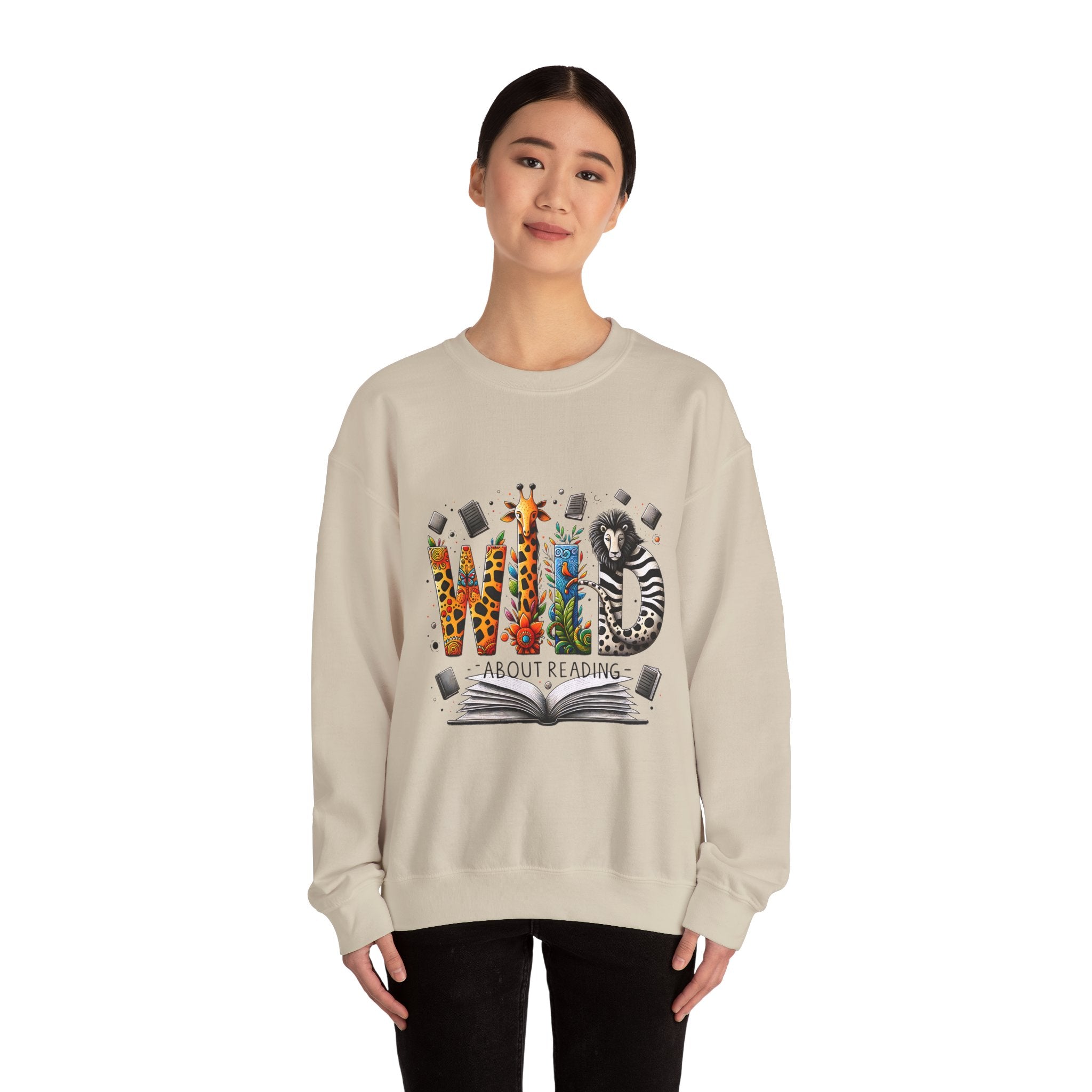 Sweatshirt — "Wild About Reading" Animal Letters Book Lover Crewneck