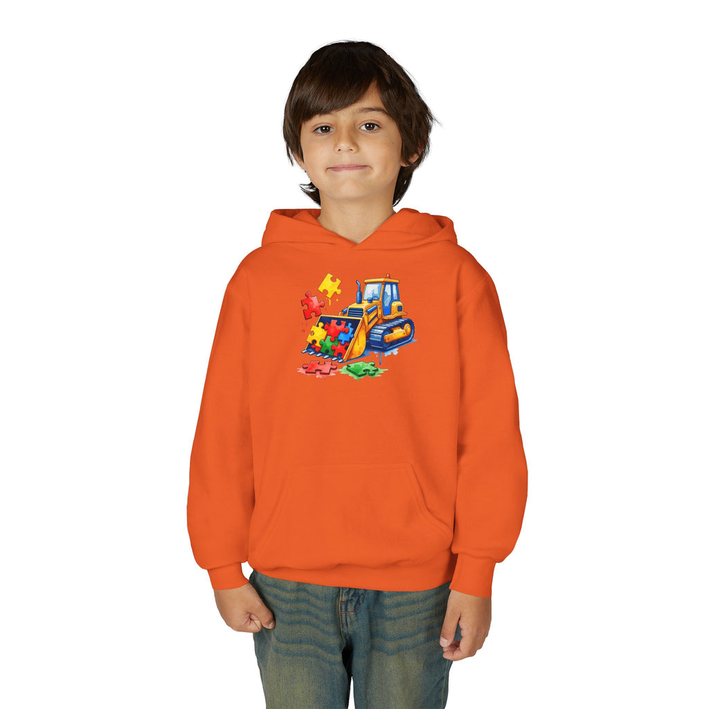Youth Puzzle Bulldozer Hoodie — Kids Construction Truck Sweatshirt