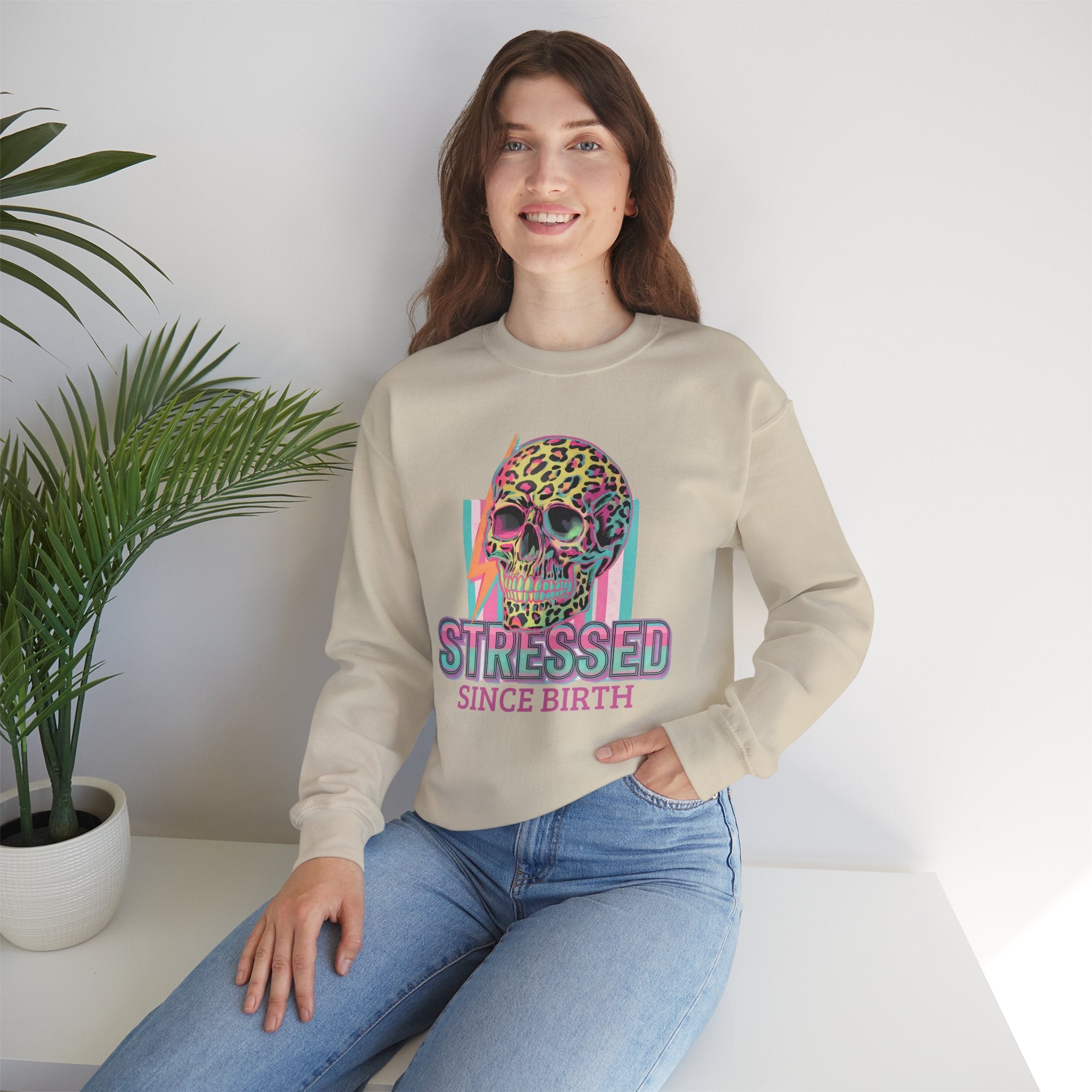 Stressed Since Birth Skull Crewneck Sweatshirt — Retro Neon Leopard Skull Pullover