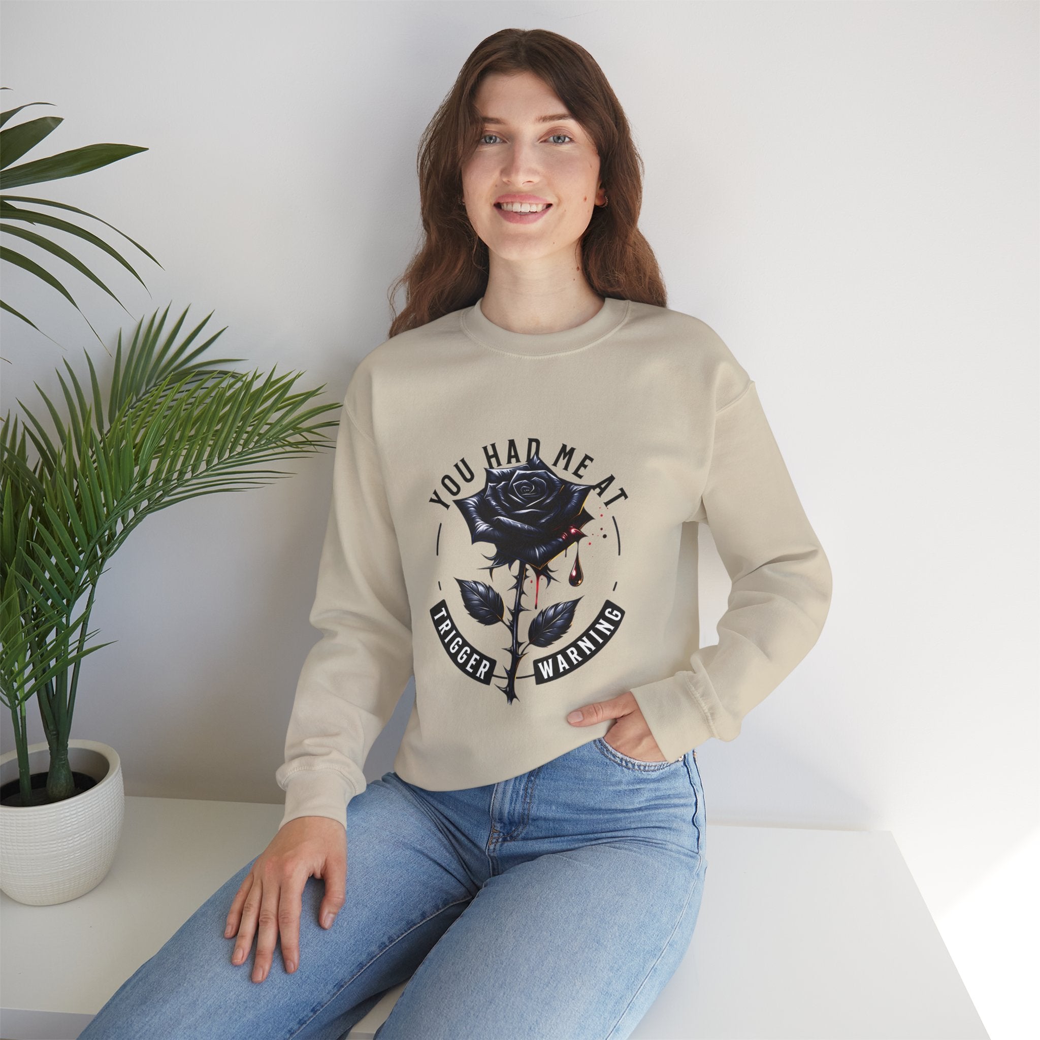 Crewneck Sweatshirt – Black Rose "You Had Me at" Gothic Graphic (Trigger Warning)