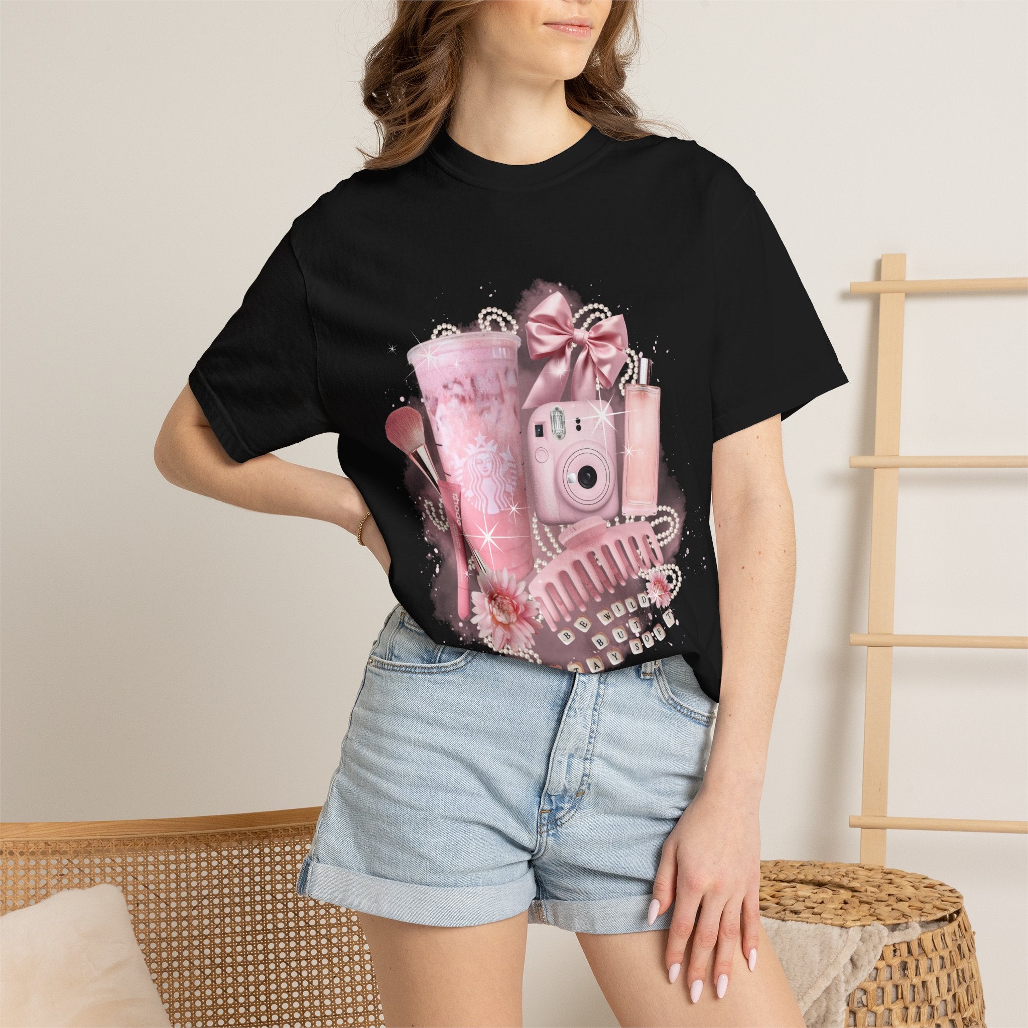 Pink Vanity Aesthetic T-Shirt — Makeup, Polaroid & Accessories Graphic Tee