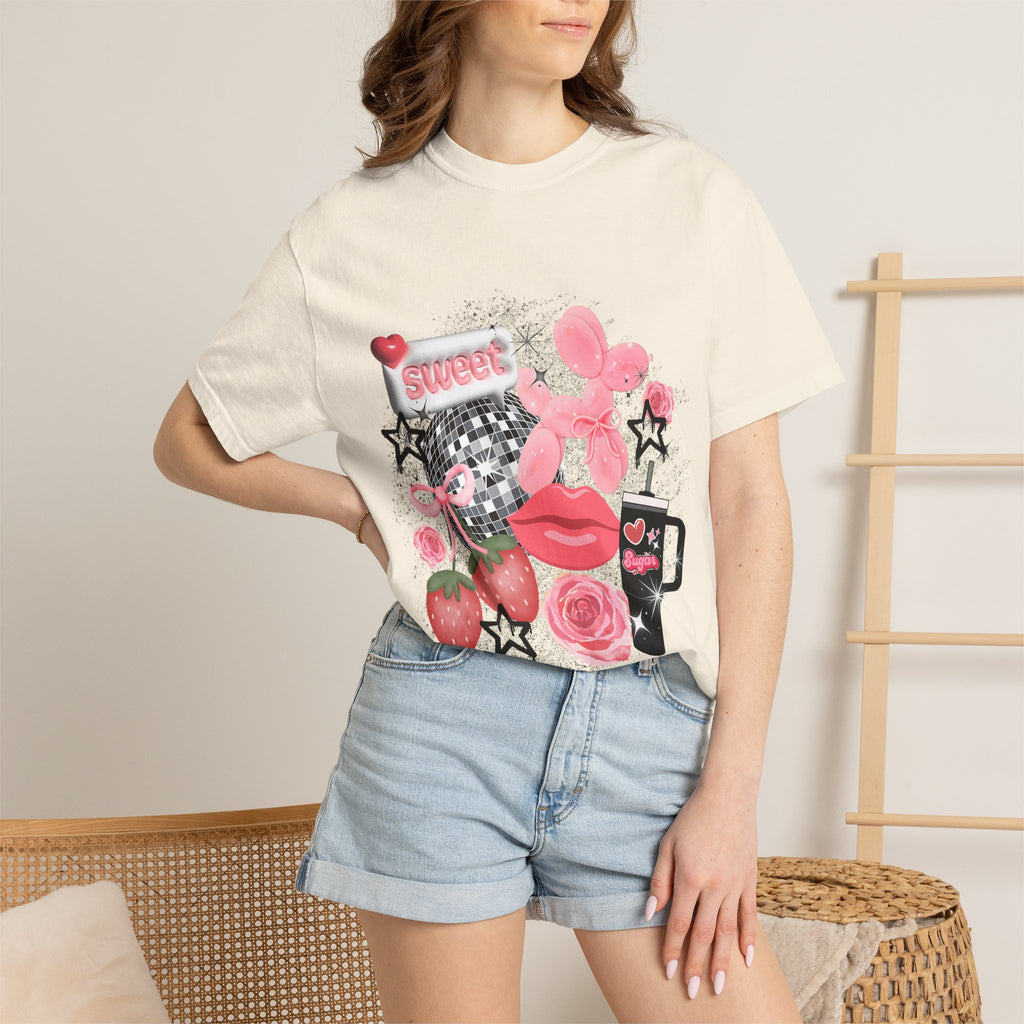 Sweet Kitsch Graphic T-Shirt — Pink Hearts, Lips & Strawberry Design