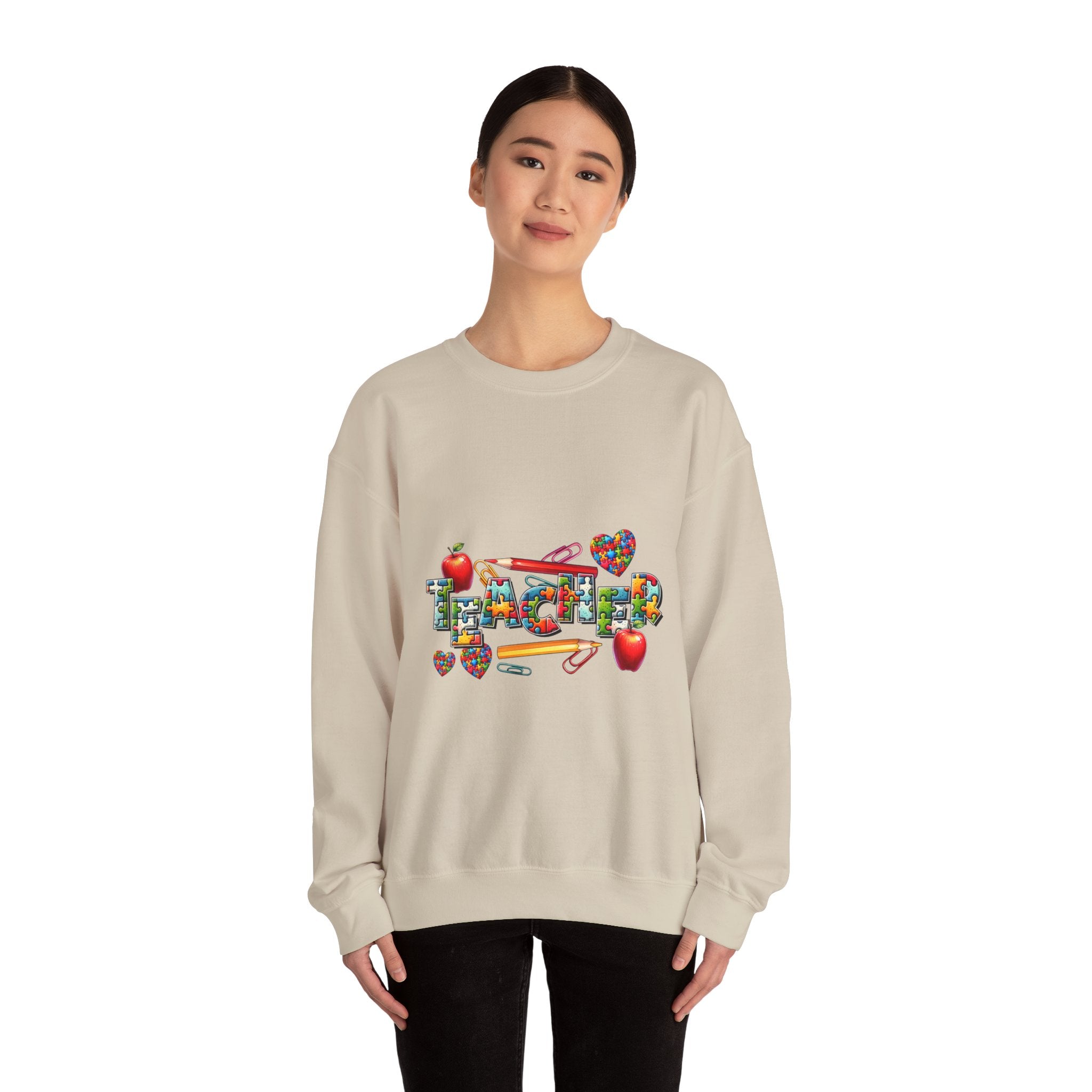 Teacher Crewneck Sweatshirt — Colorful Apple & School Supply Design
