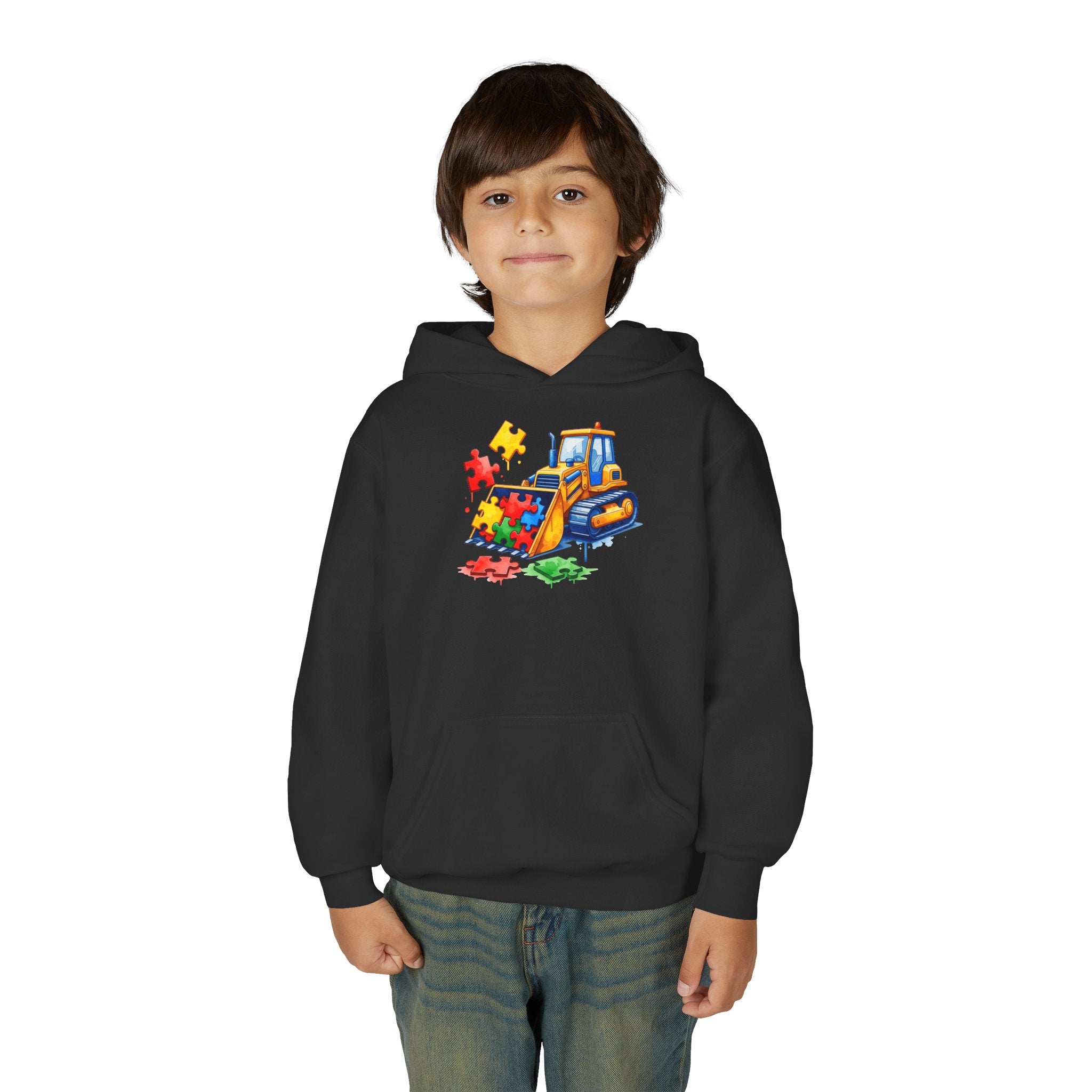 Youth Puzzle Bulldozer Hoodie — Kids Construction Truck Sweatshirt