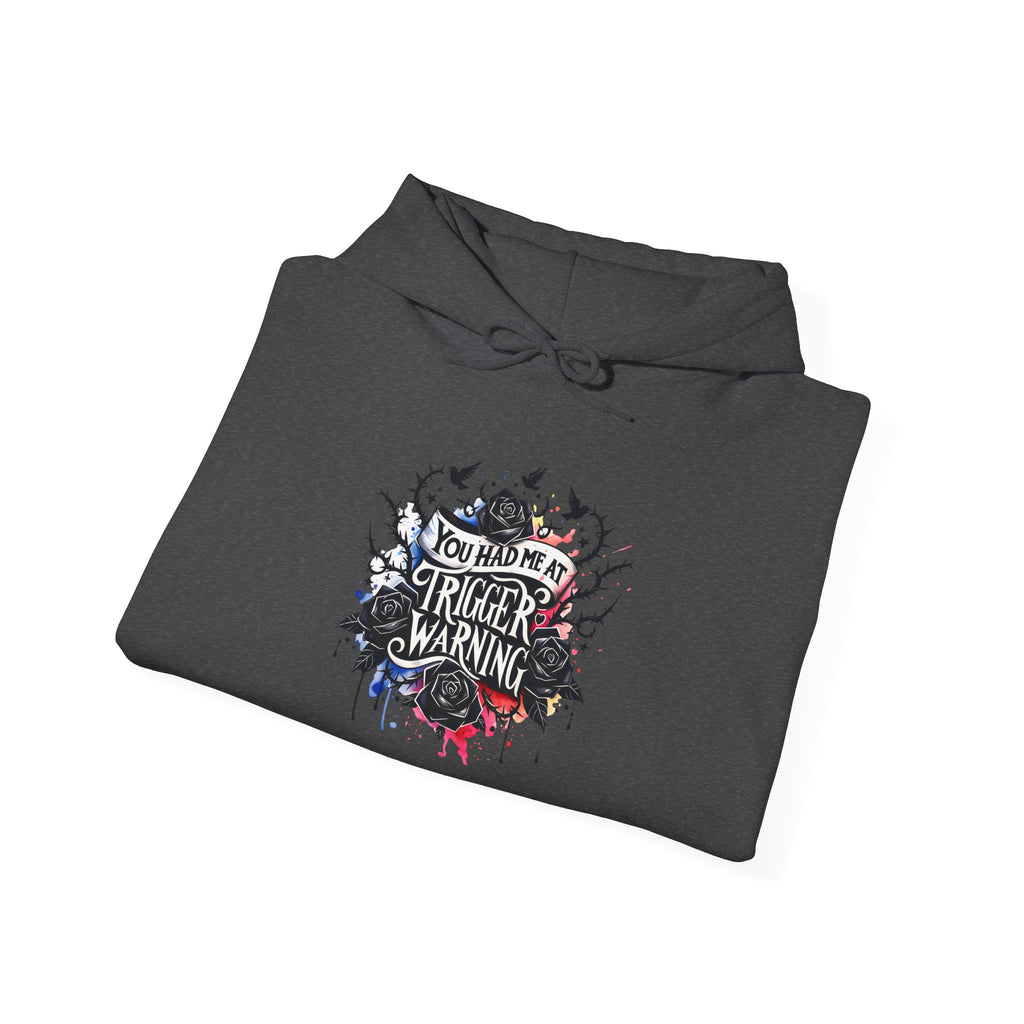Trigger Warning Graphic Hoodie — Edgy Drip Paint Design