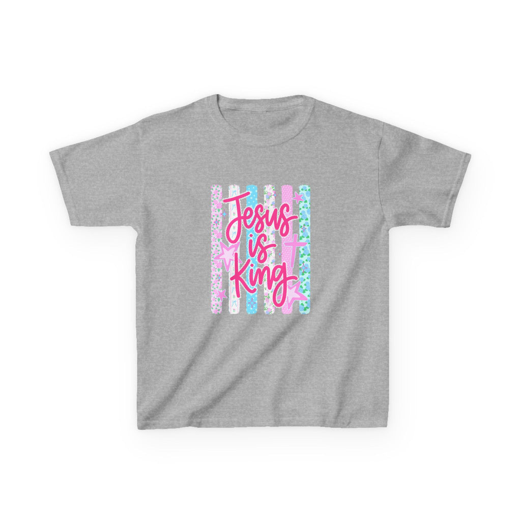 Kids Tee — "Jesus Is King" Pastel Striped Christian T‑Shirt