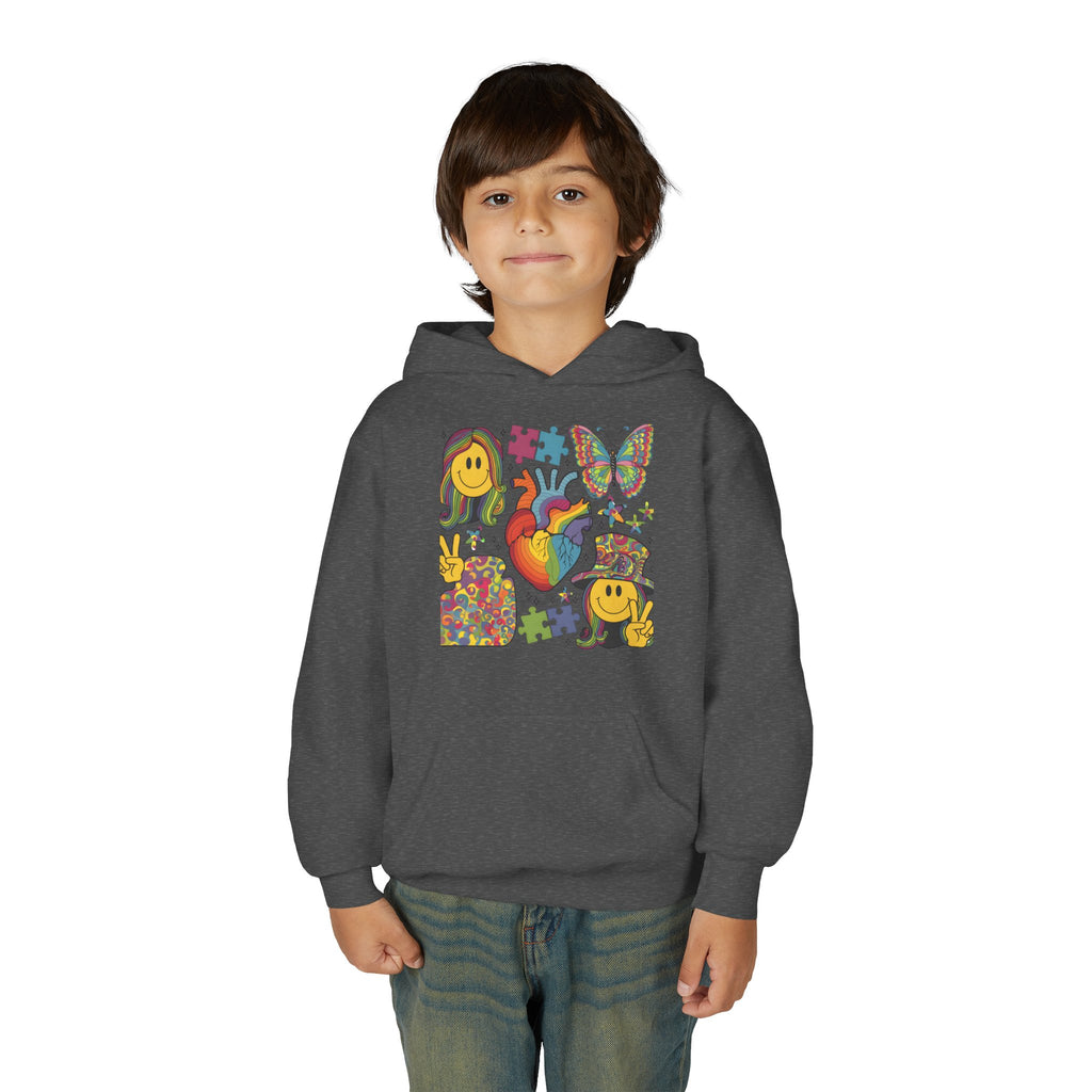 Youth Hoodie — Colorful Retro Smiley & Puzzle Heart Graphic