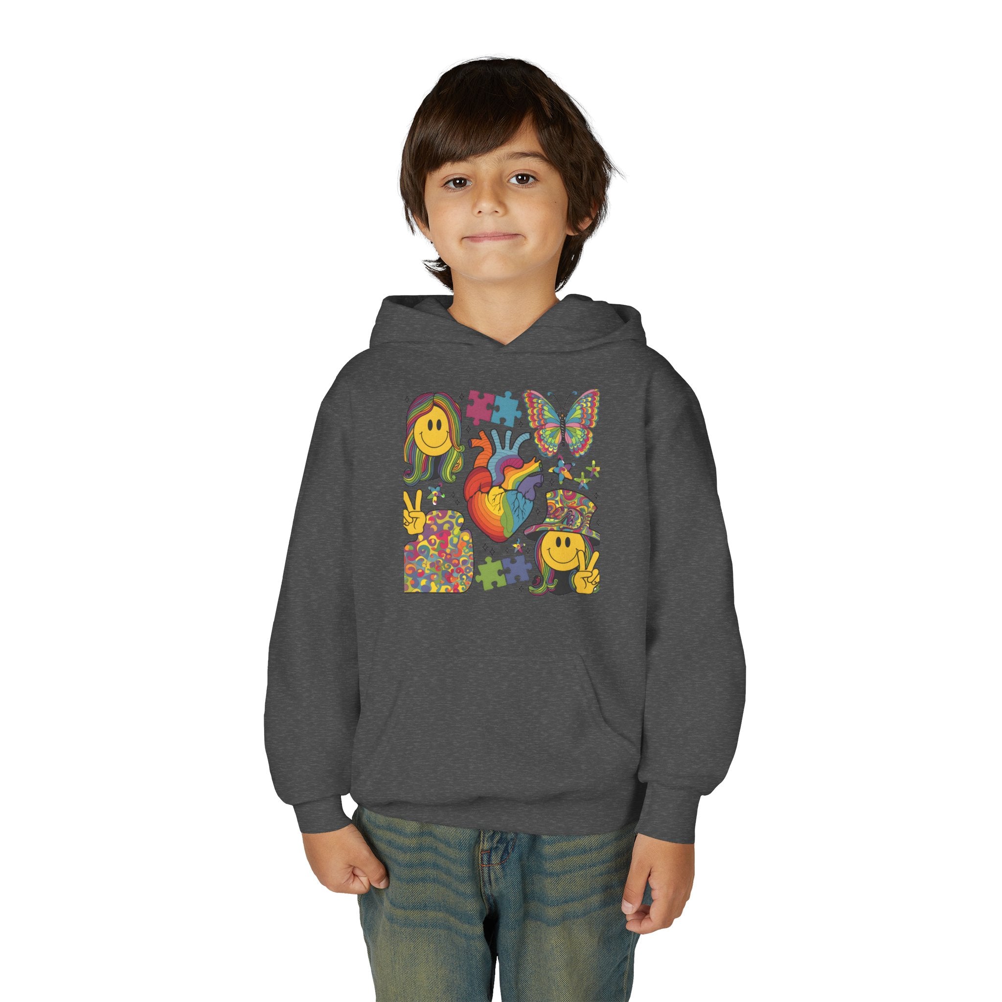 Youth Hoodie — Colorful Retro Smiley & Puzzle Heart Graphic