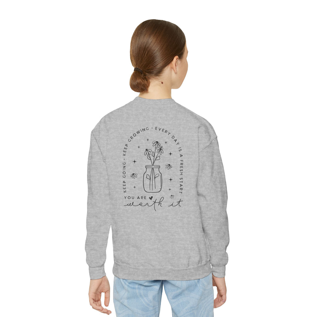 Youth Crewneck Sweatshirt — "You Are Worthy" Floral Graphic Sweatshirt