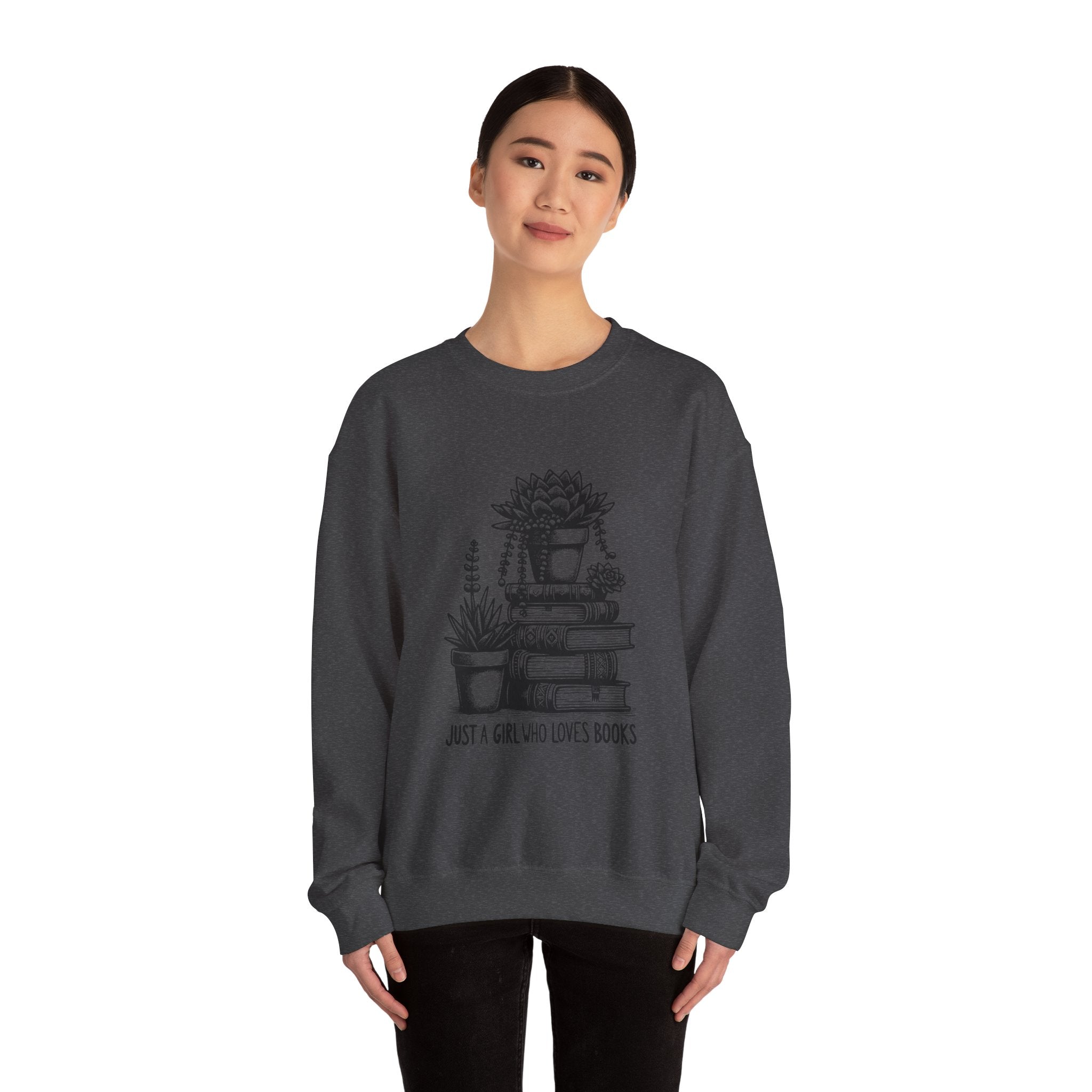Book Lover Sweatshirt — “Just a Girl Who Loves Books” Cozy Crewneck with Succulent Stack Design