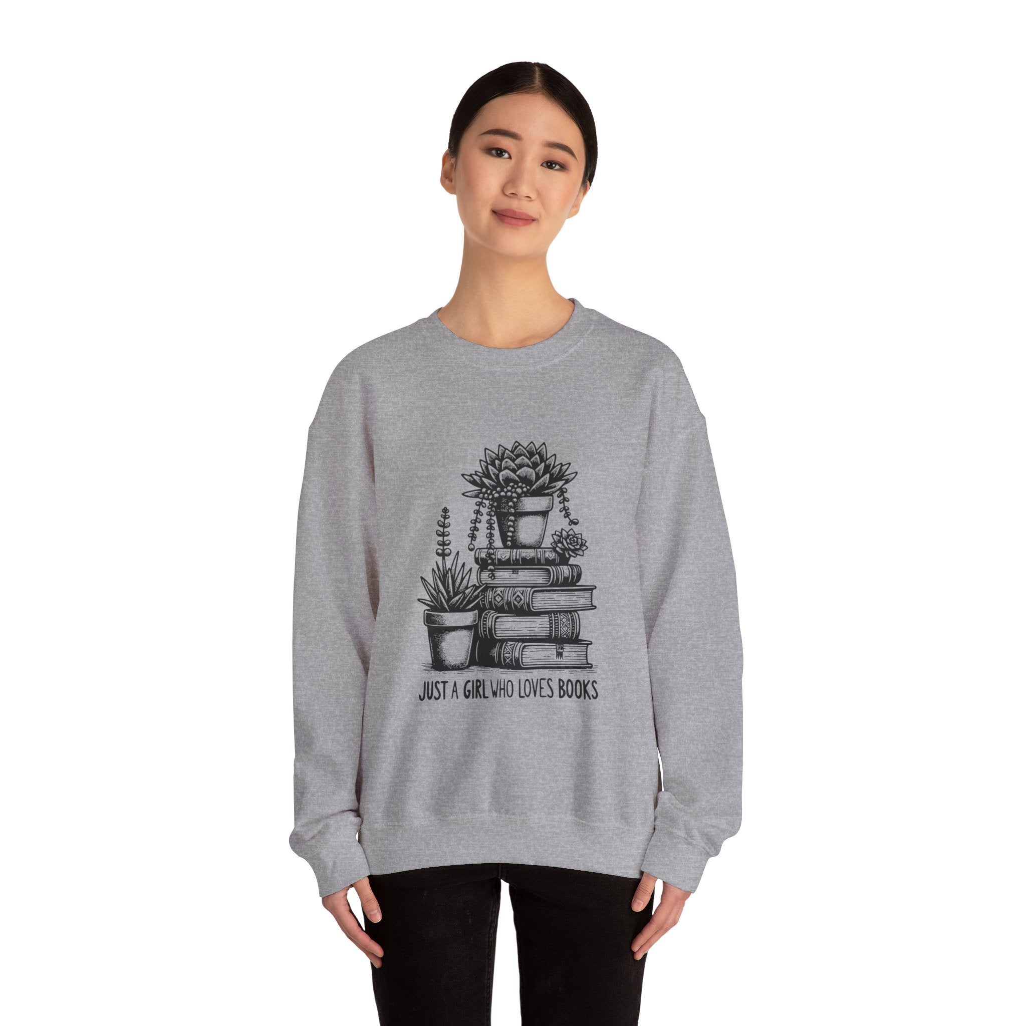 Book Lover Sweatshirt — “Just a Girl Who Loves Books” Cozy Crewneck with Succulent Stack Design