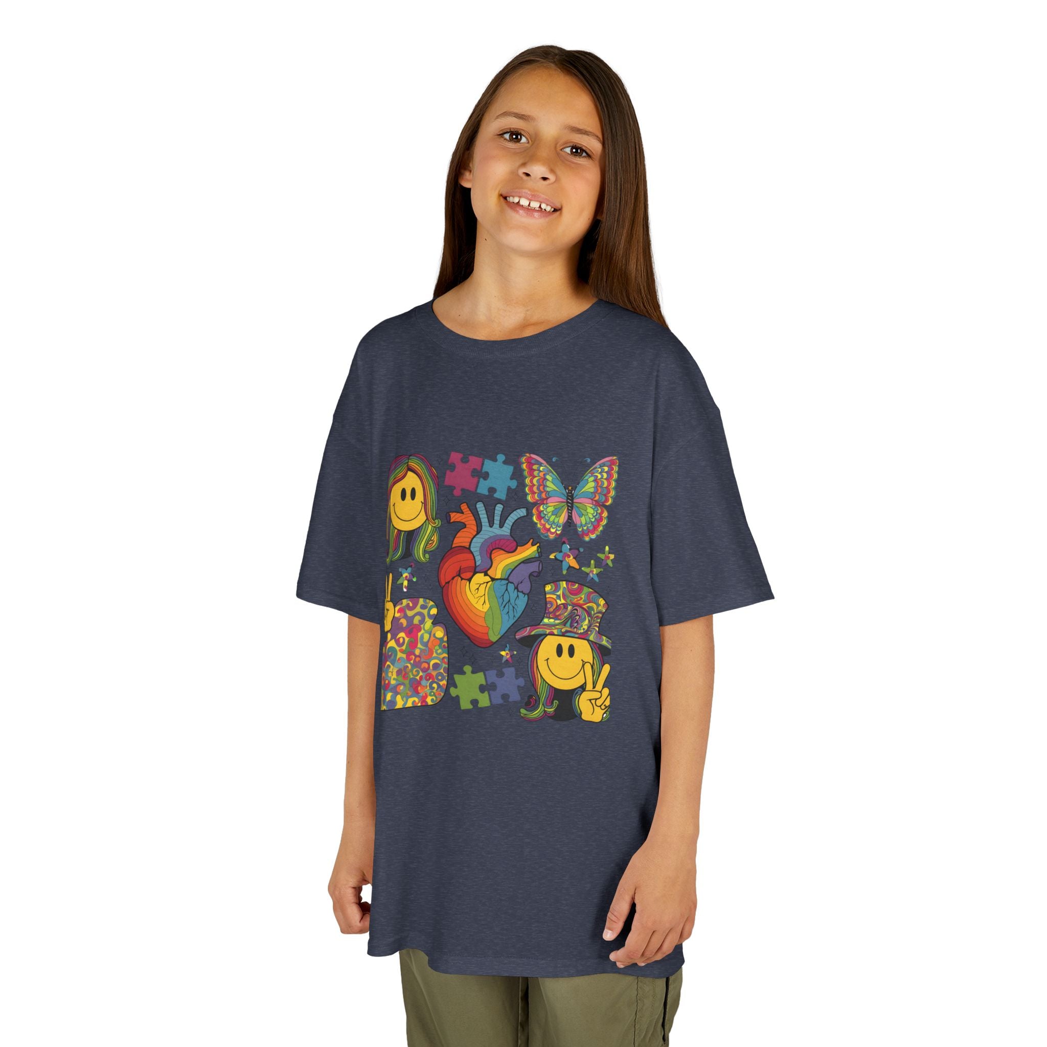 Kids Tee — Colorful Psychedelic Smiley & Puzzle Heart Graphic