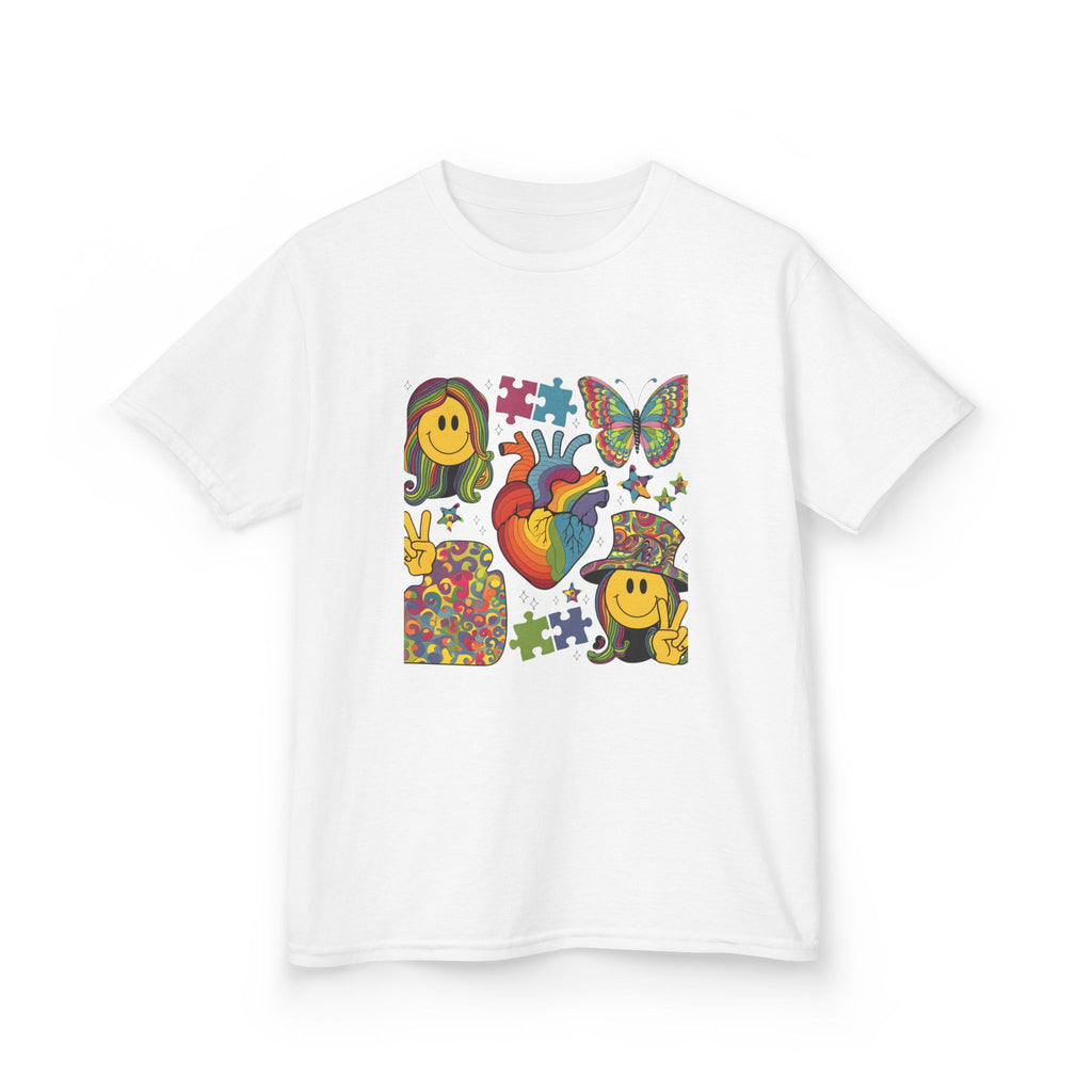 Kids Tee — Colorful Psychedelic Smiley & Puzzle Heart Graphic