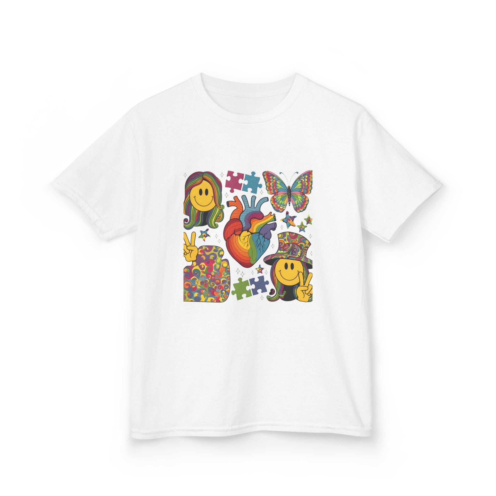 Kids Tee — Colorful Psychedelic Smiley & Puzzle Heart Graphic