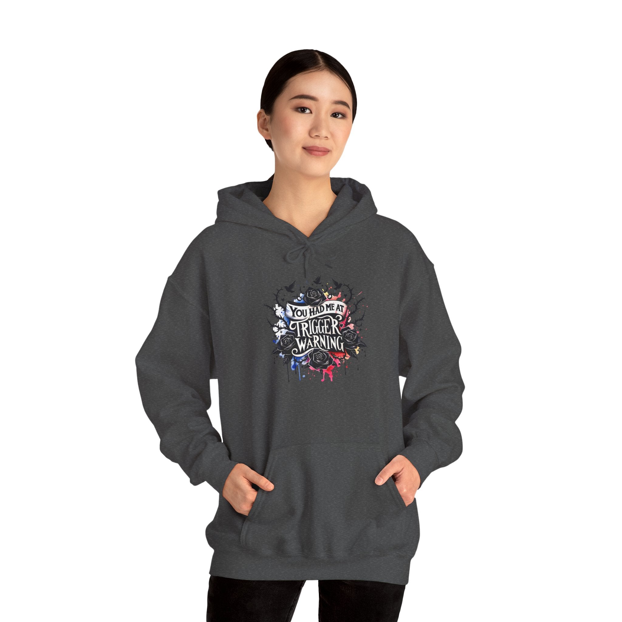 Trigger Warning Graphic Hoodie — Edgy Drip Paint Design