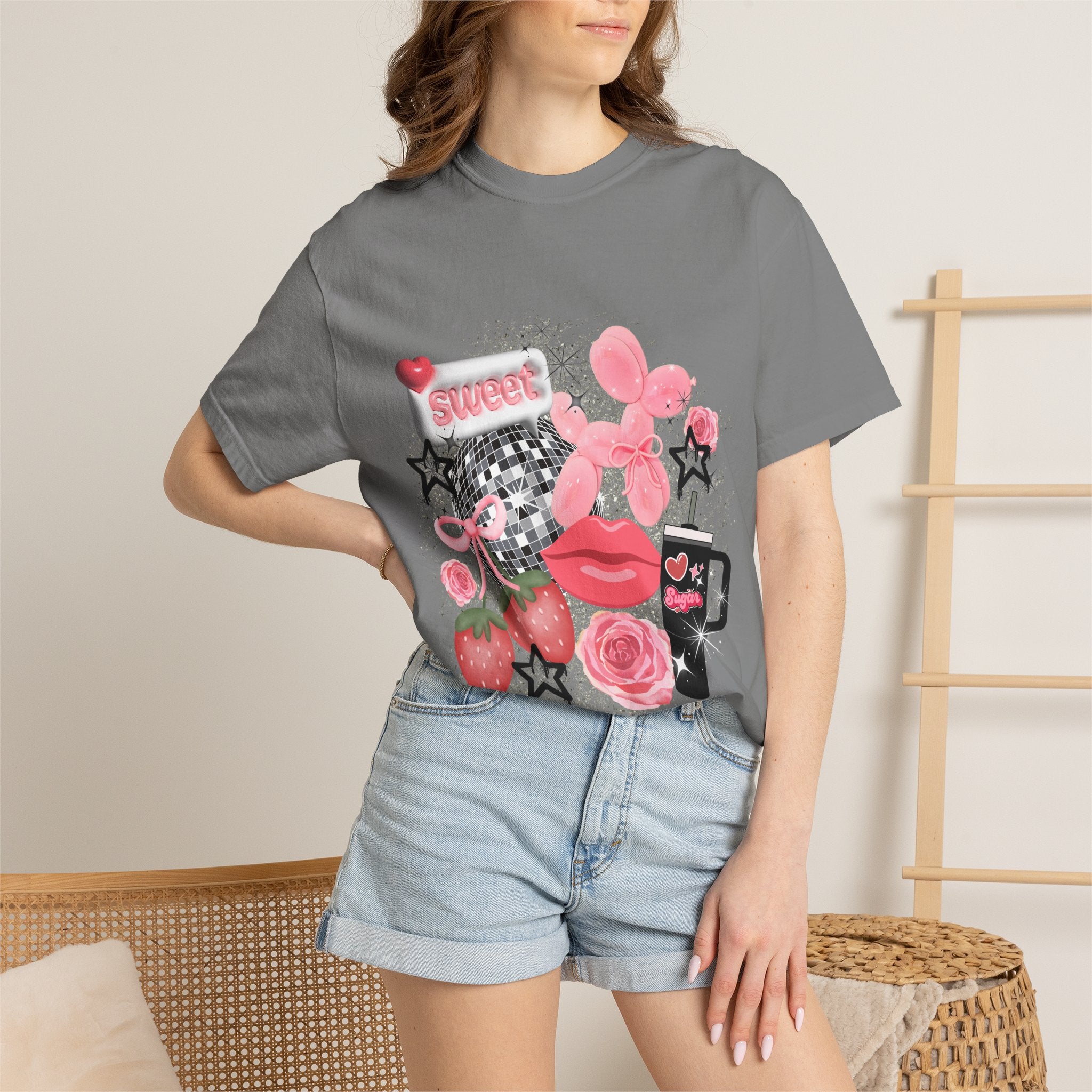 Sweet Kitsch Graphic T-Shirt — Pink Hearts, Lips & Strawberry Design