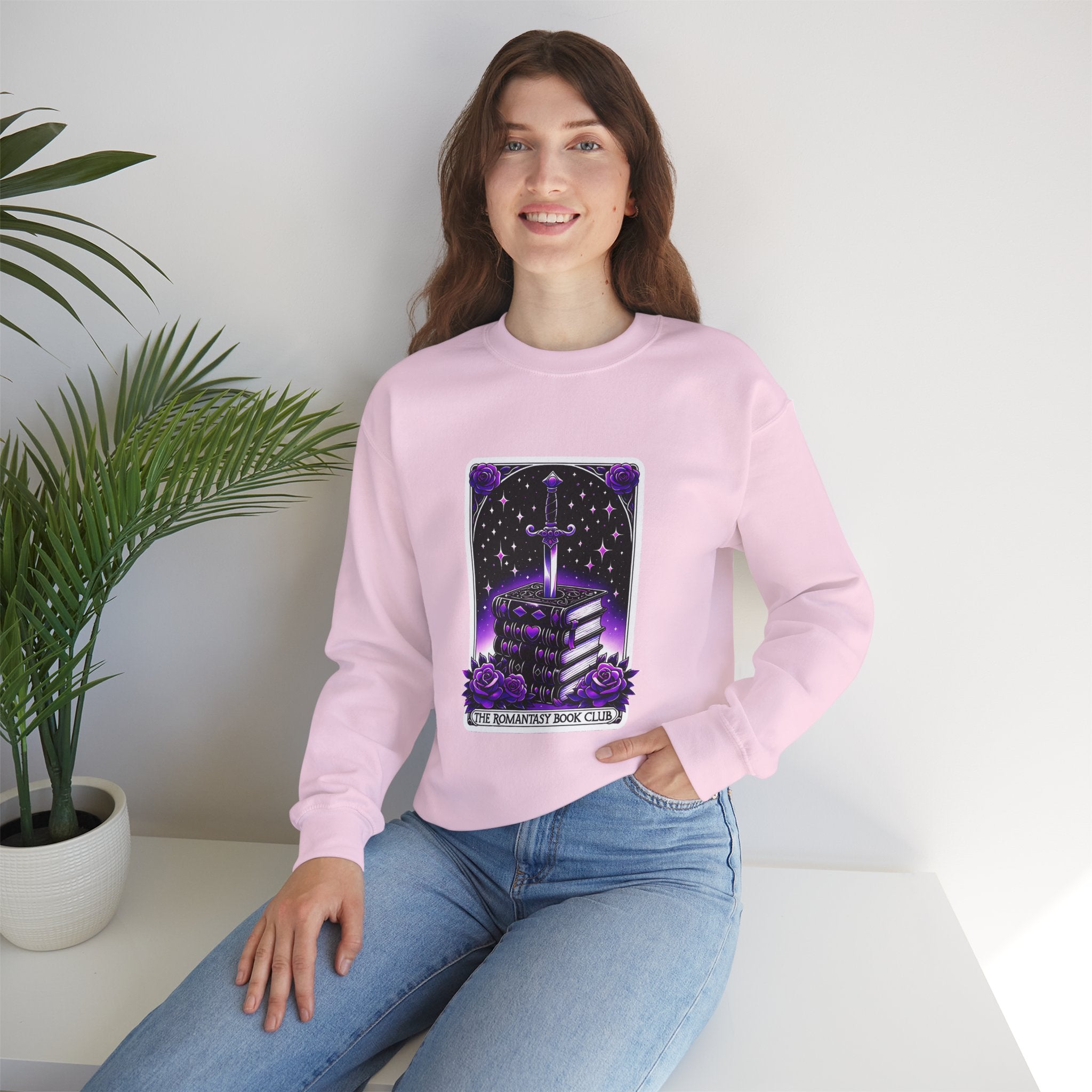 Crewneck Sweatshirt — The Bookish Witch: 'The Enchanted Book Club' Purple Sword & Books Graphic