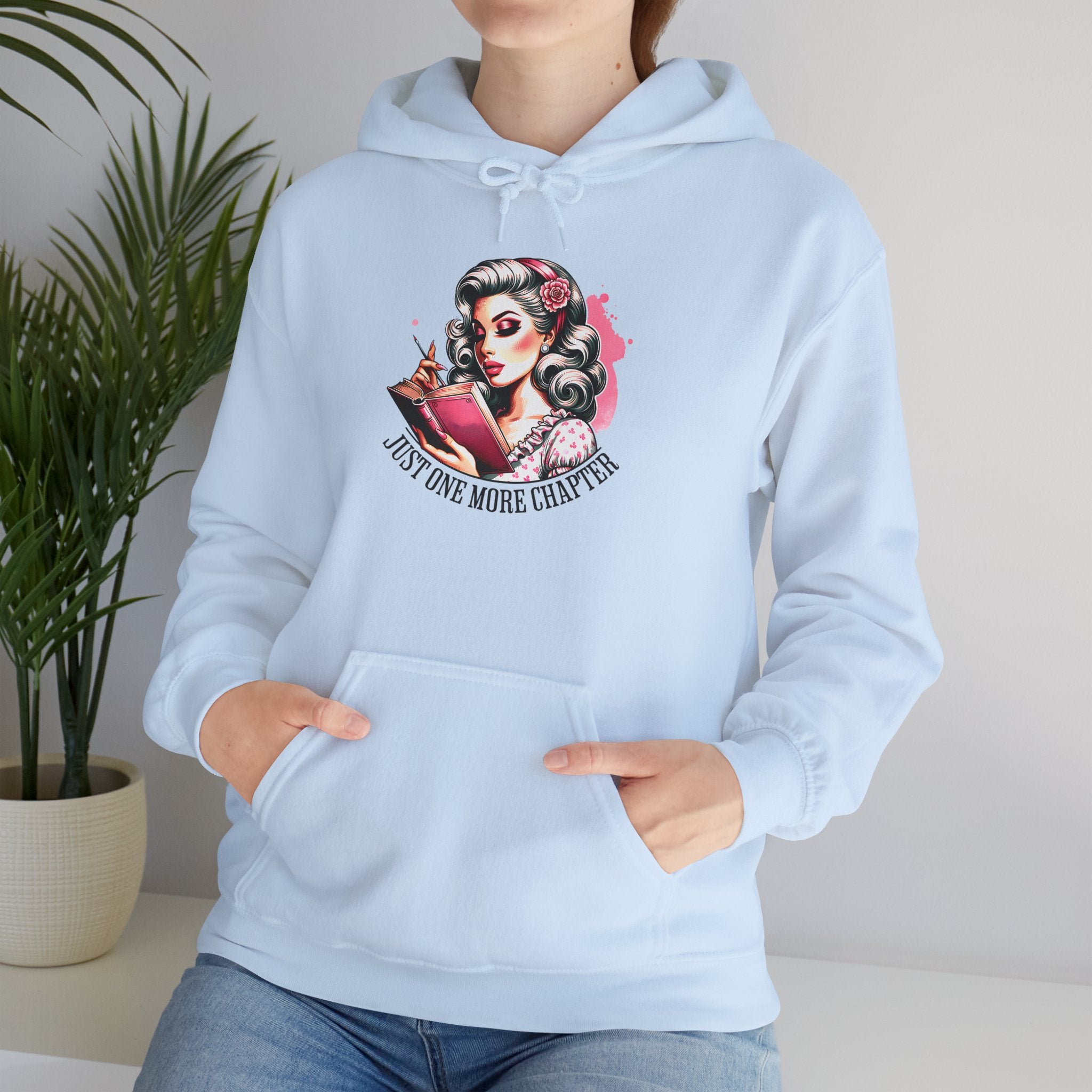 Hoodie — Retro Pin-Up Reader “Just One More Chapter” Cozy Book Lover Sweatshirt