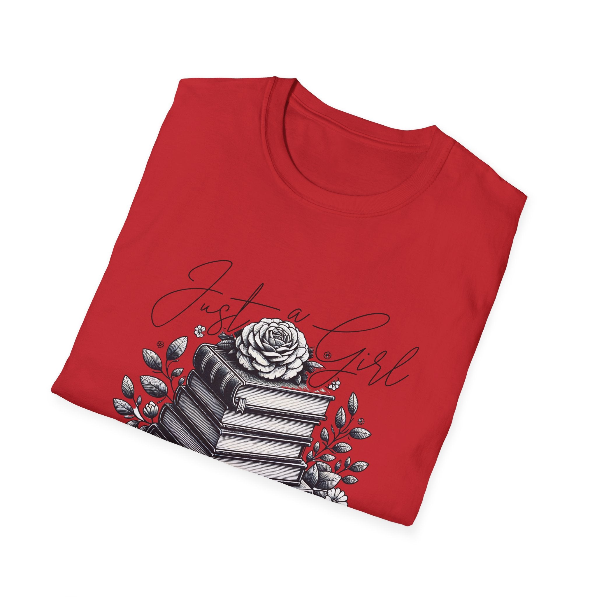Book Lover T-Shirt — "Just a Girl Who Loves Books" Floral Stack Design