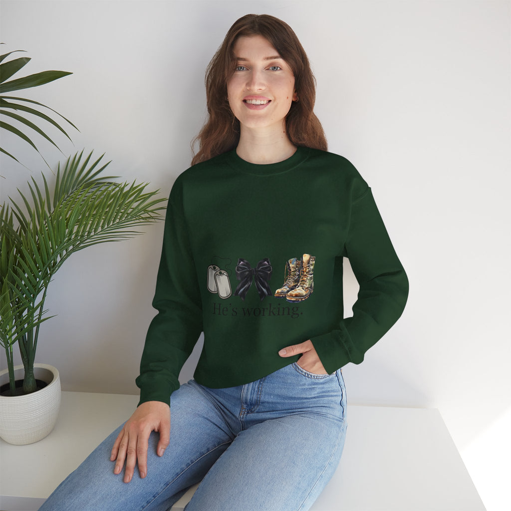 Crewneck Sweatshirt — "He's Working" Graphic with Boots, Bow & Baby Shoes