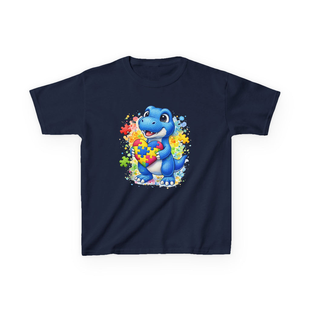 Kids T‑Shirt — Cute Blue Dinosaur Holding Puzzle Heart (Autism Awareness)