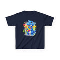 Kids T‑Shirt — Cute Blue Dinosaur Holding Puzzle Heart (Autism Awareness)
