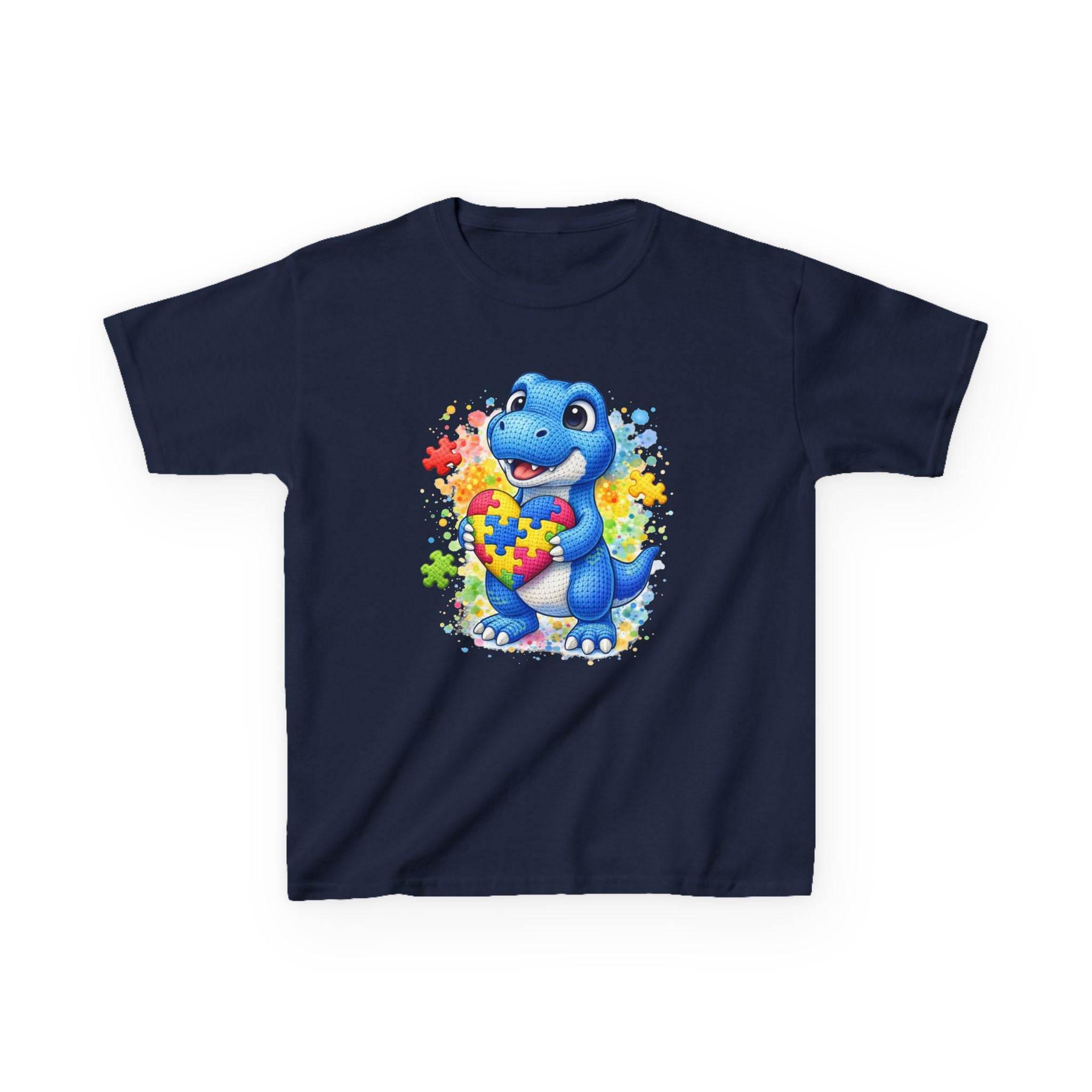 Kids T‑Shirt — Cute Blue Dinosaur Holding Puzzle Heart (Autism Awareness)