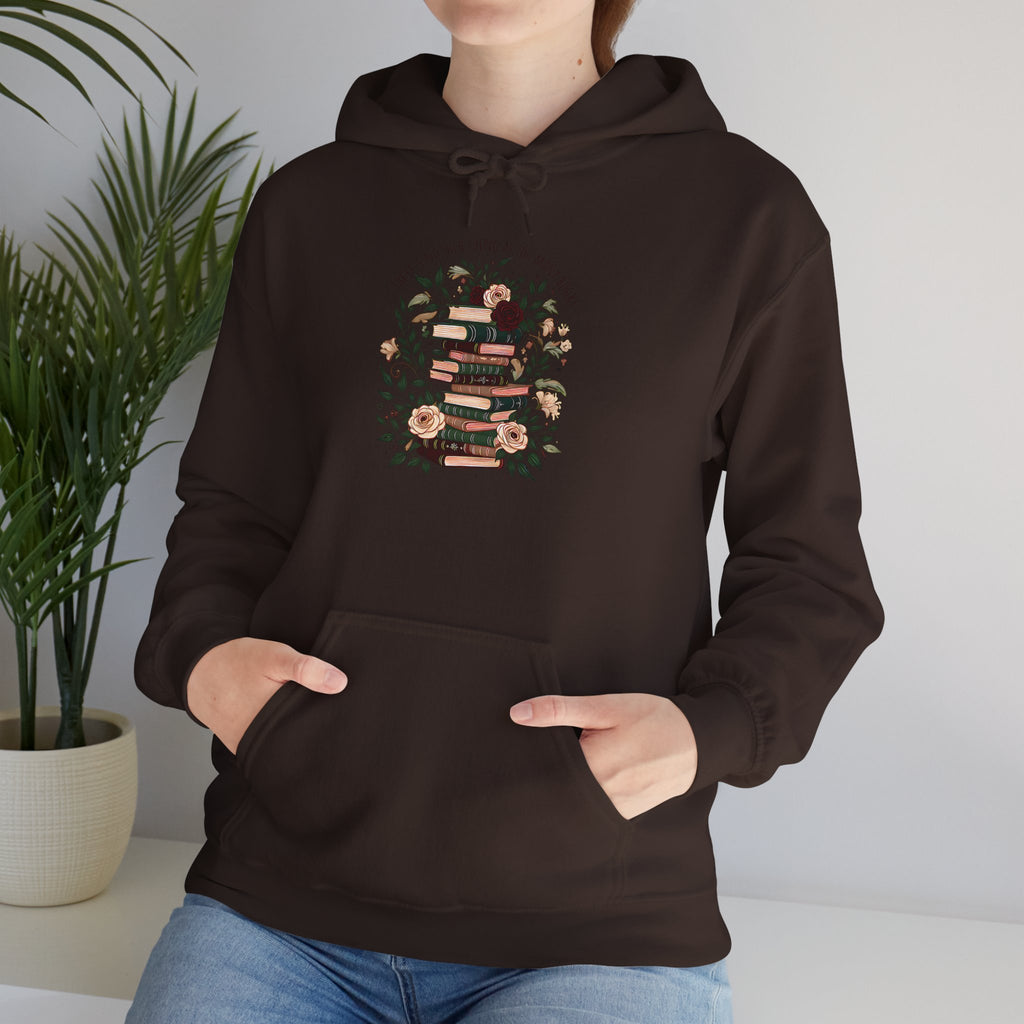 Cozy Reading Stack Hoodie — Floral Bookshelf Design