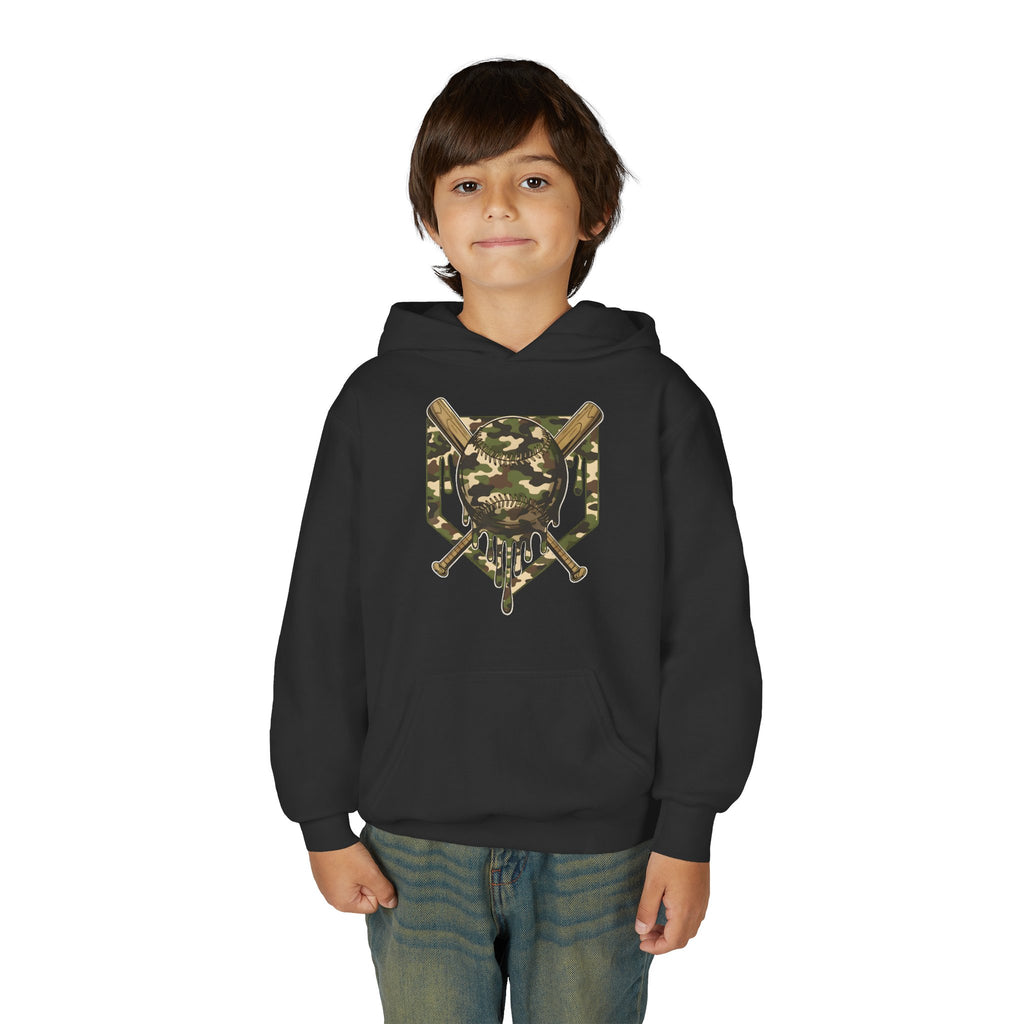 Youth Camo Baseball Crest Hoodie – Camouflage Bat & Home Plate Graphic