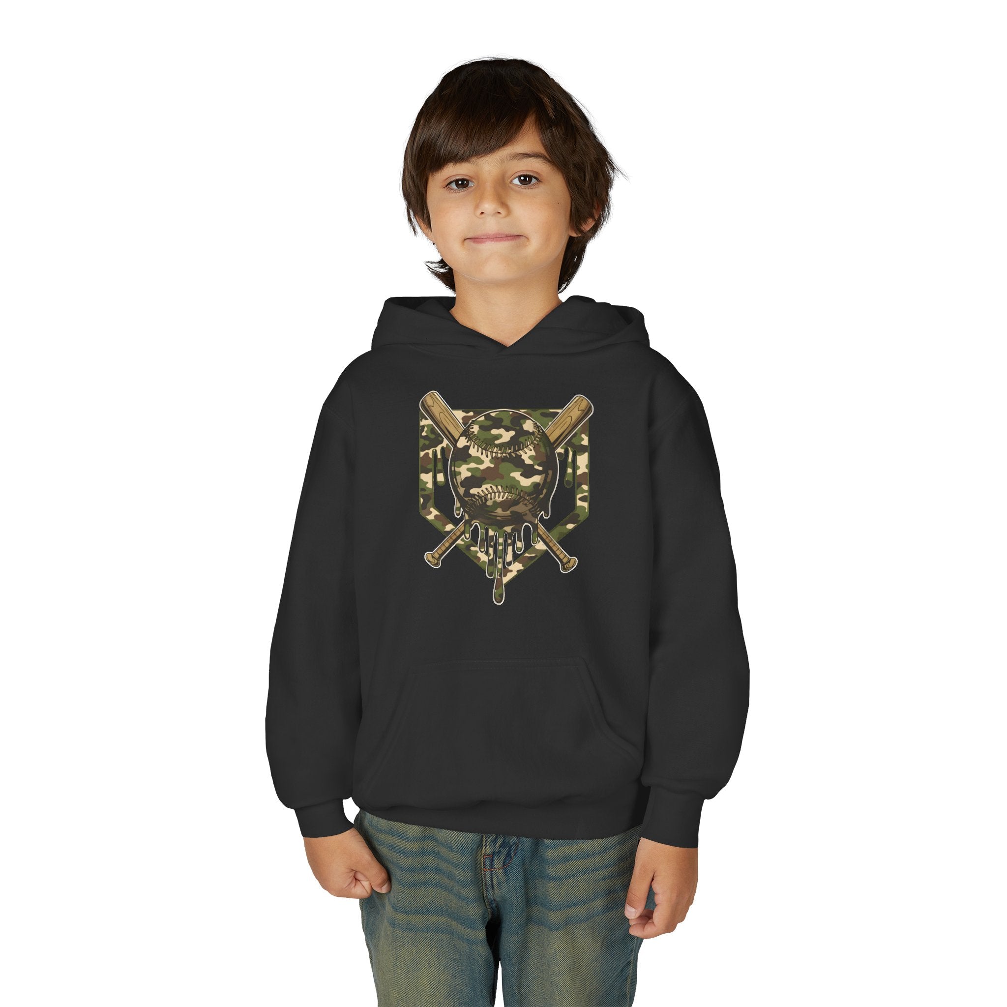 Youth Camo Baseball Crest Hoodie – Camouflage Bat & Home Plate Graphic