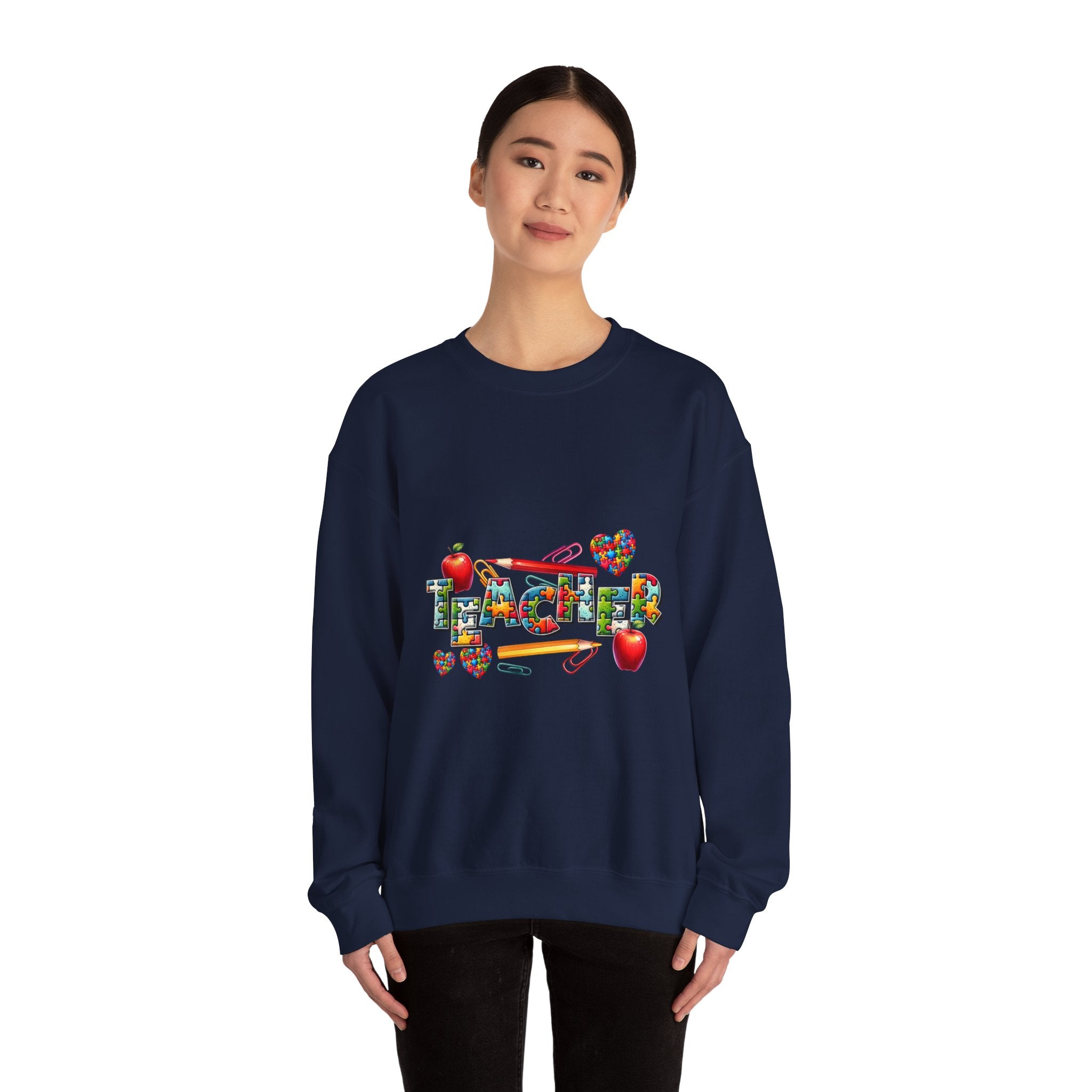 Teacher Crewneck Sweatshirt — Colorful Apple & School Supply Design