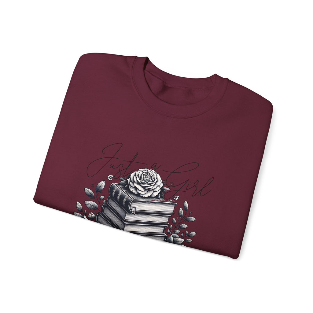 Book Lover Crewneck Sweatshirt — "Just a Girl Who Loves Books" Floral Stack Design