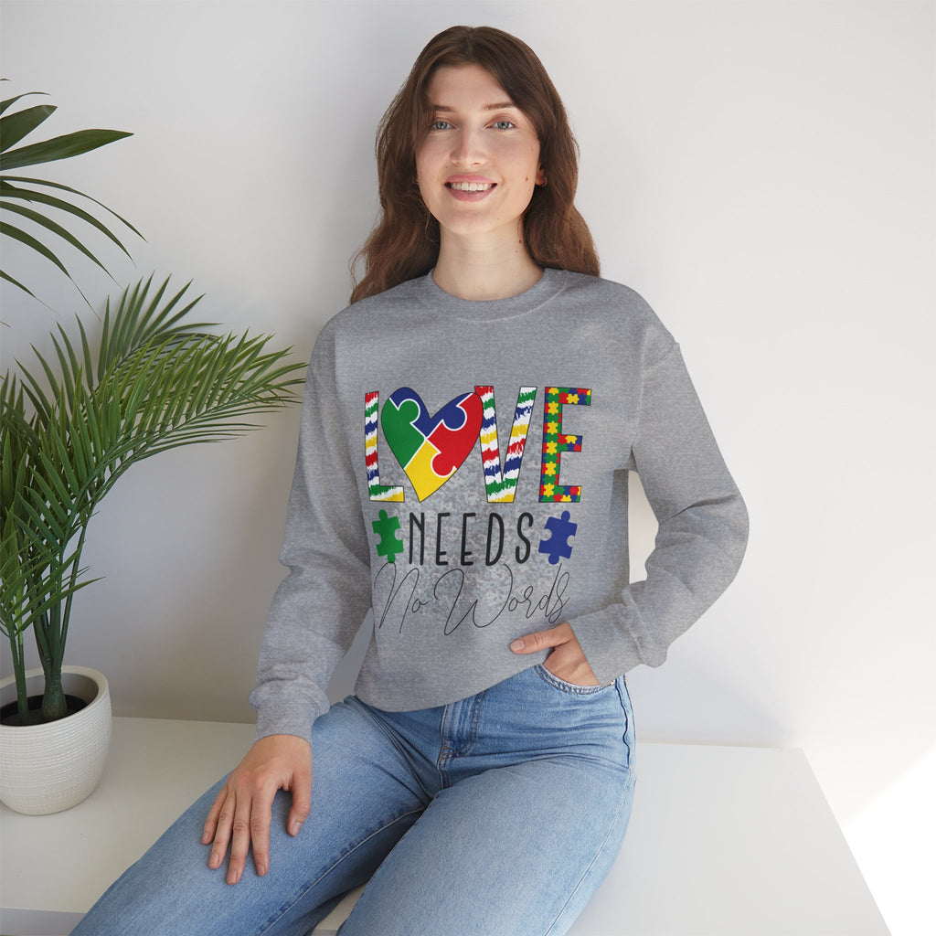 Autism Awareness Crewneck Sweatshirt — "Love Needs No Words" Puzzle Heart Design