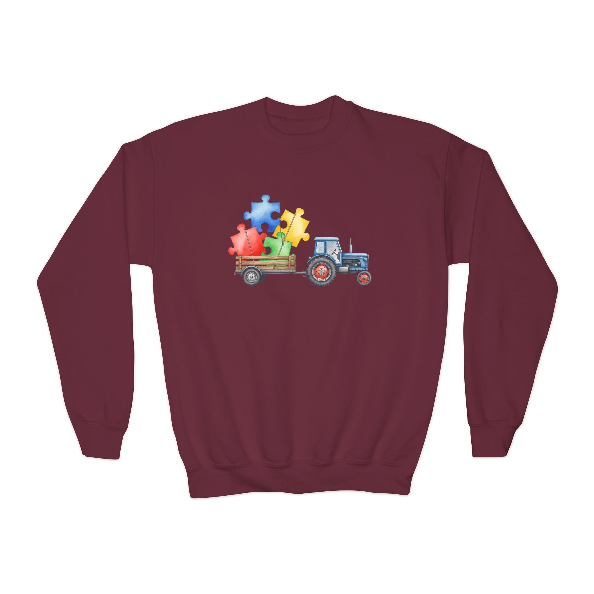 Youth Crewneck Sweatshirt – Tractor with Colorful Puzzle Pieces Kids Pullover (Autism Awareness)