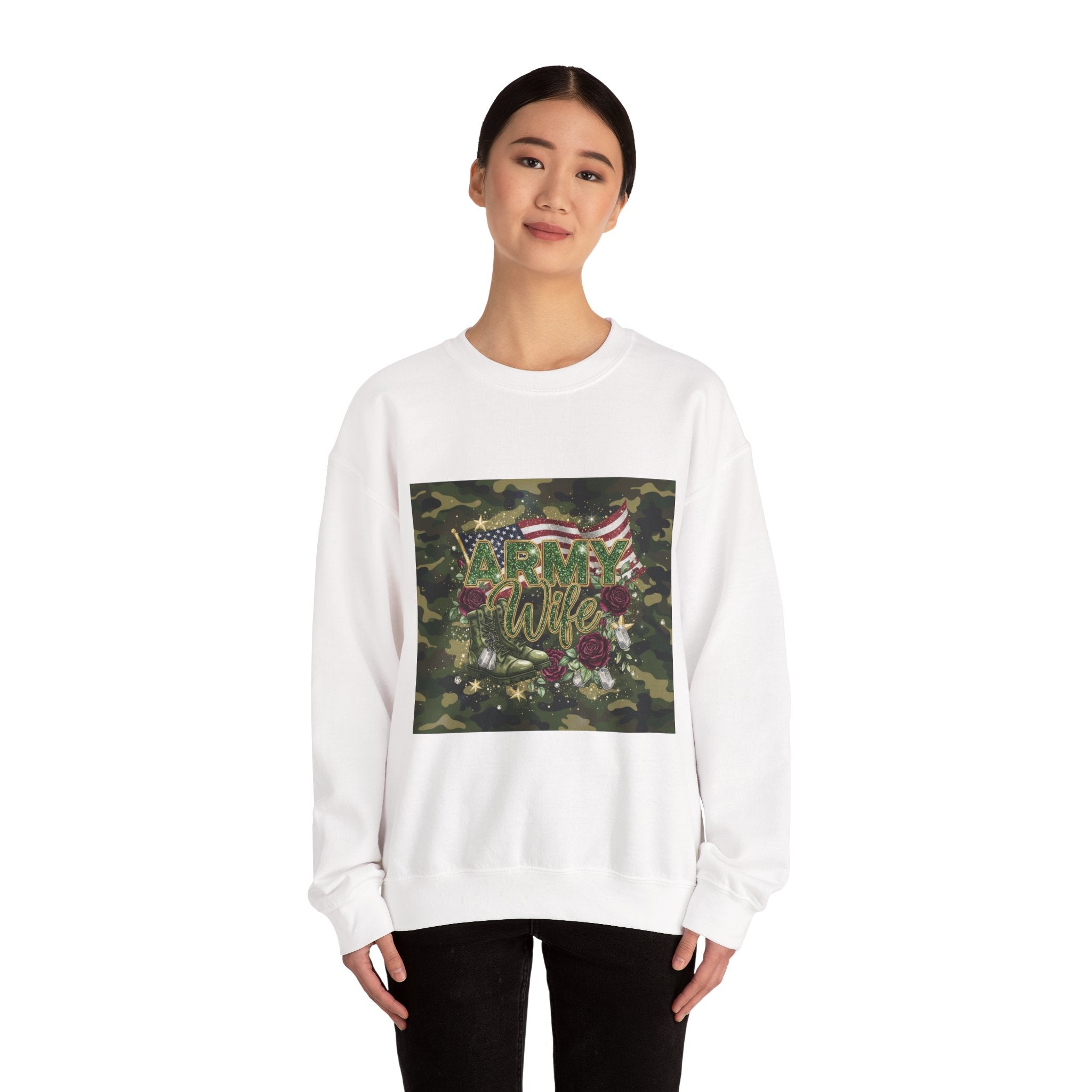 Army Wife Camo Sweatshirt - American Flag Floral Military Crewneck