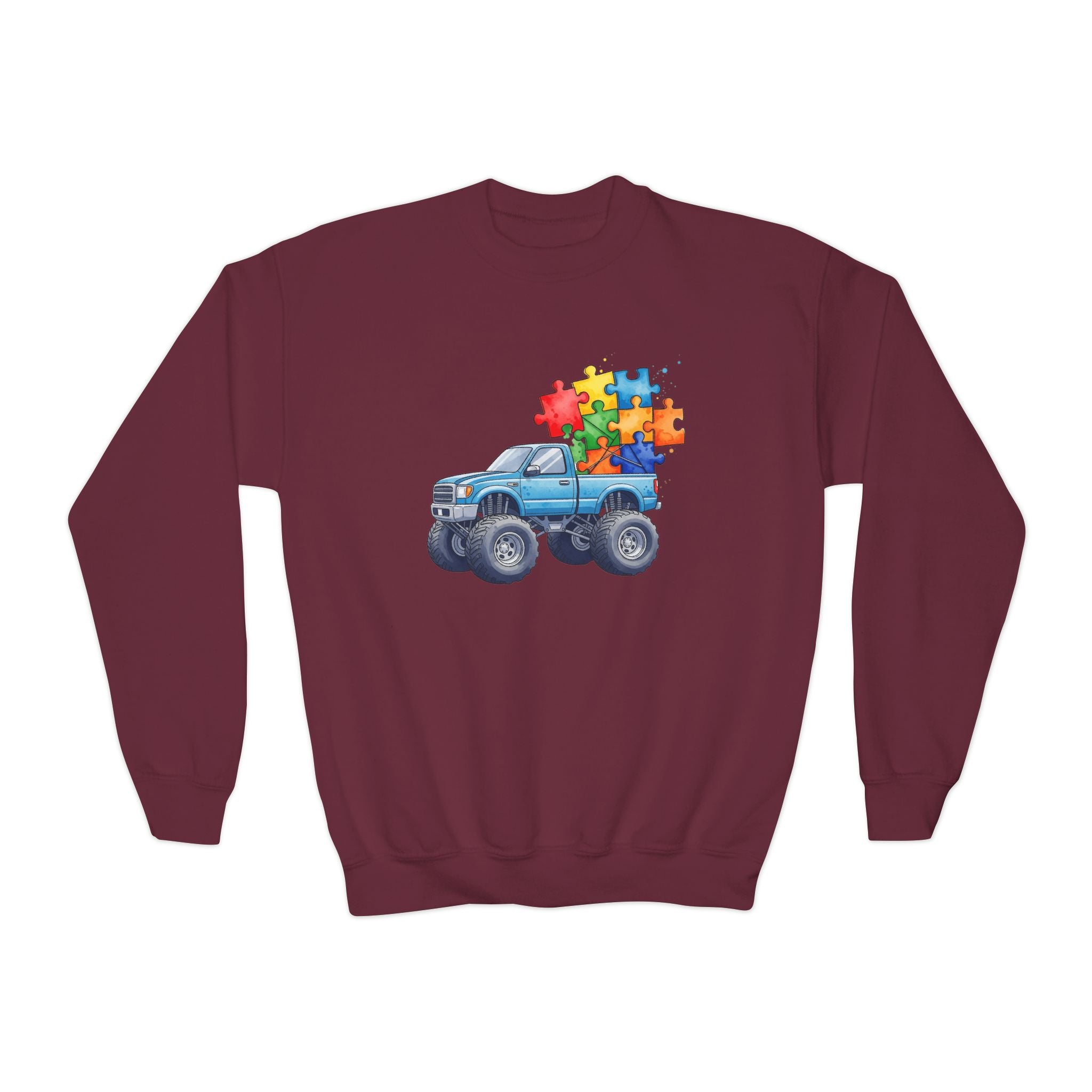 Kids Monster Truck Sweatshirt with Colorful Puzzle Pieces – Autism Awareness Crewneck