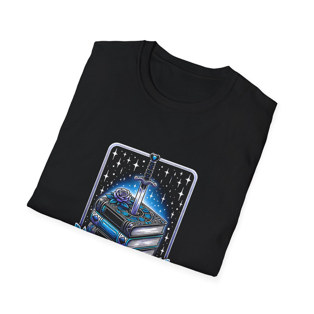 Fantasy Book Club T-Shirt — Stacked Books & Sword Night Sky Design