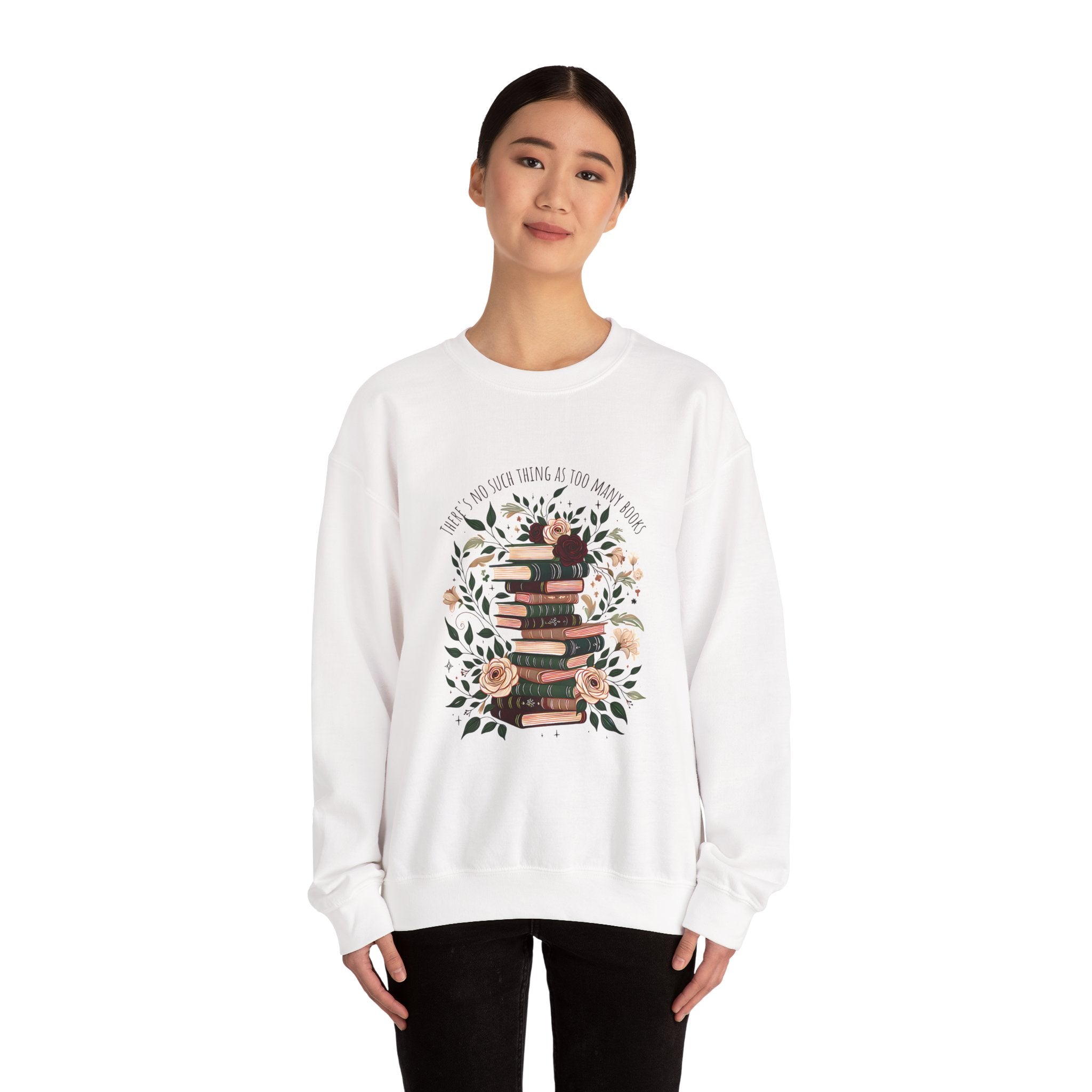 Book Lover Crewneck Sweatshirt – “Books and Tea” Floral Stack Graphic