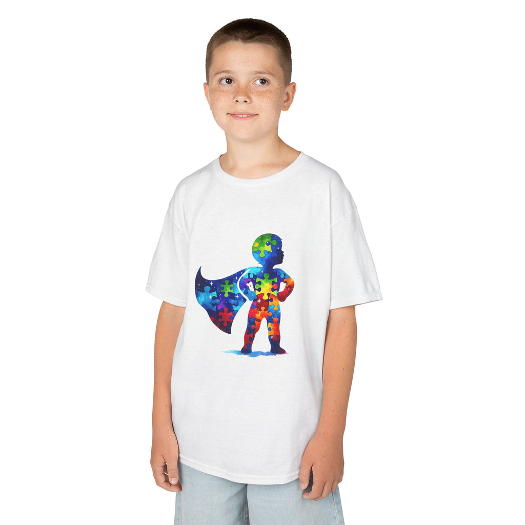 Kids Superhero T-Shirt — Colorful Puzzle Cape Autism Awareness Tee