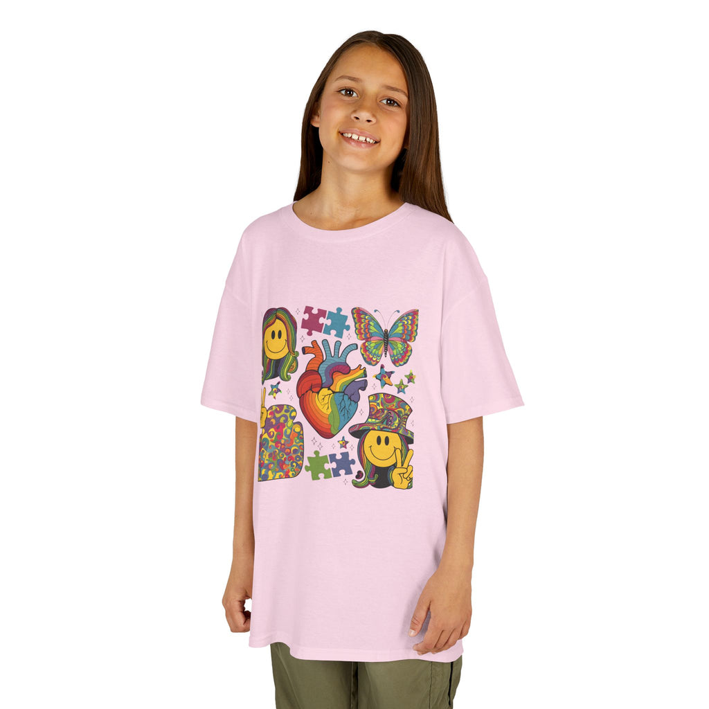 Kids Tee — Colorful Psychedelic Smiley & Puzzle Heart Graphic