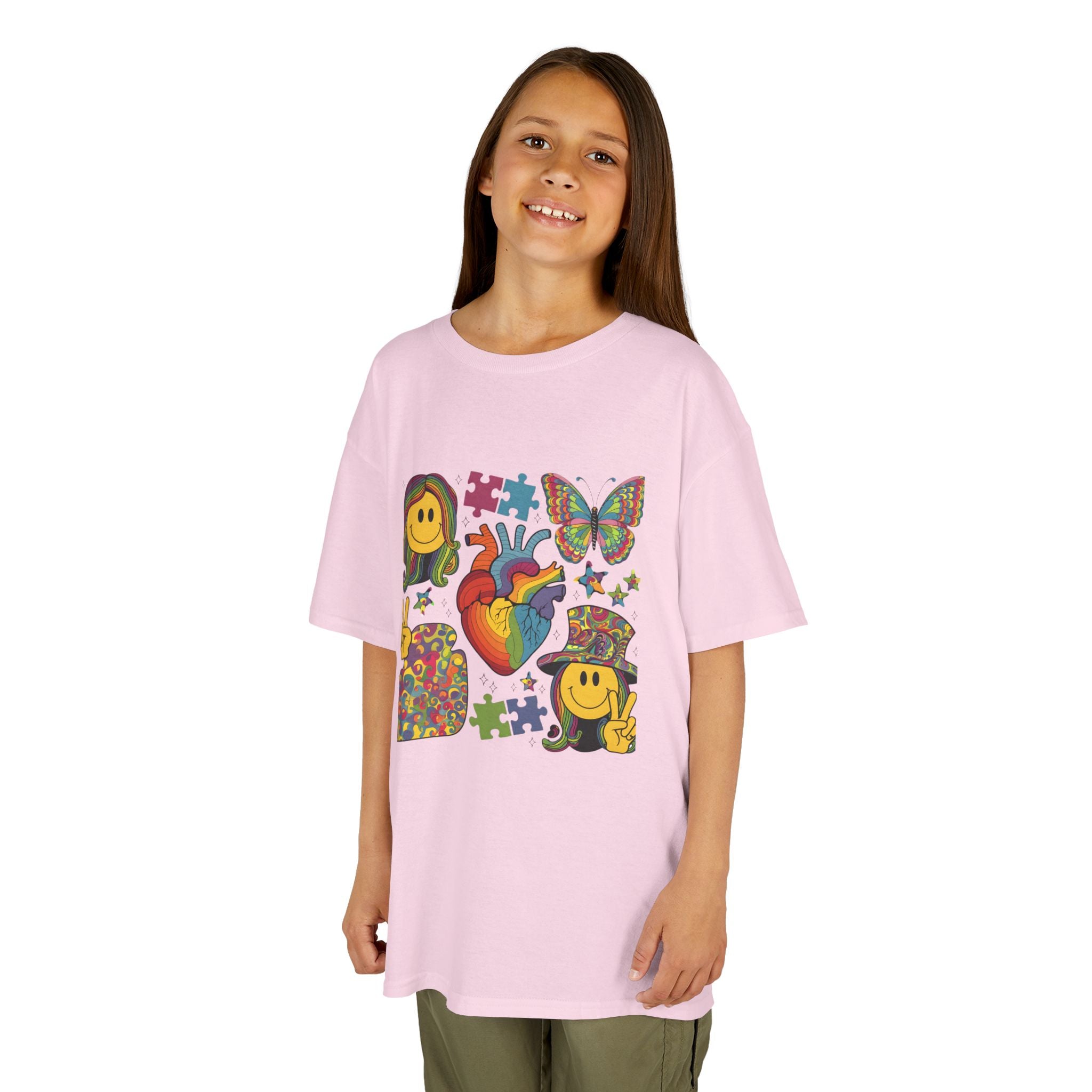 Kids Tee — Colorful Psychedelic Smiley & Puzzle Heart Graphic