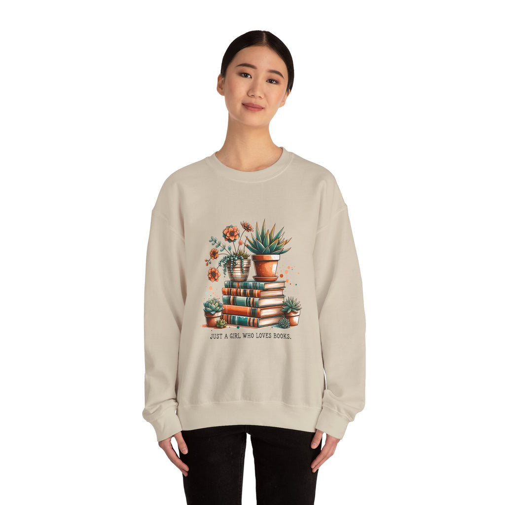 Booklover Sweatshirt — “Just a Girl Who Loves Books” Floral Plants & Stacks Crewneck