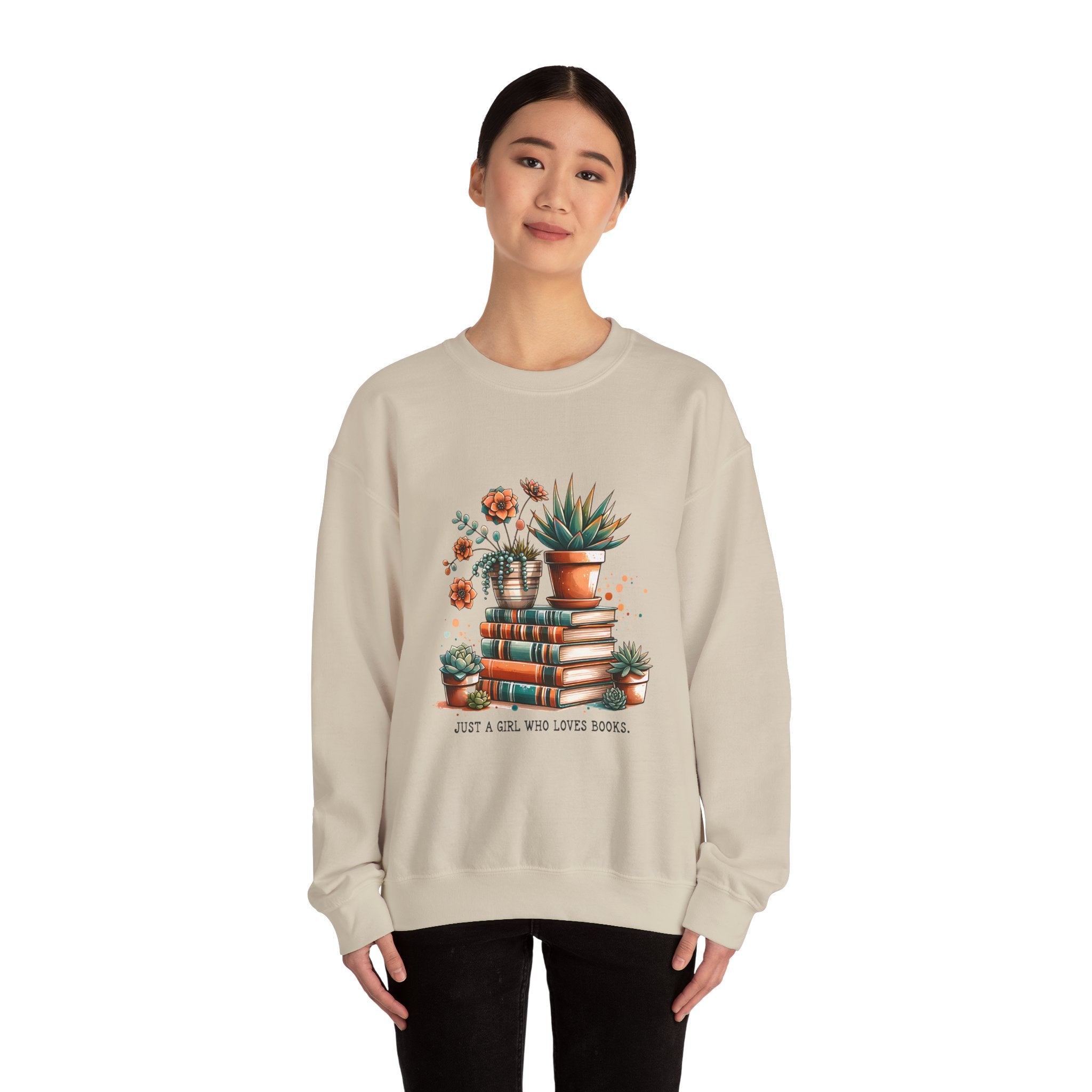 Booklover Sweatshirt — “Just a Girl Who Loves Books” Floral Plants & Stacks Crewneck