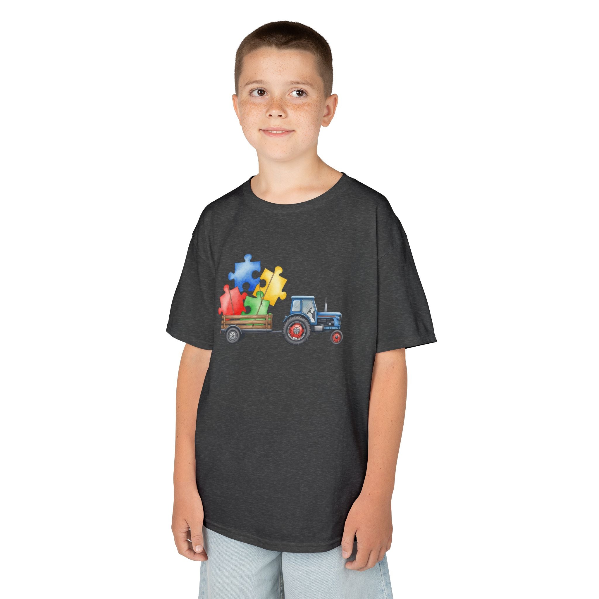 Kids Tractor with Puzzle Pieces T-Shirt — Autism Awareness Farm Tee