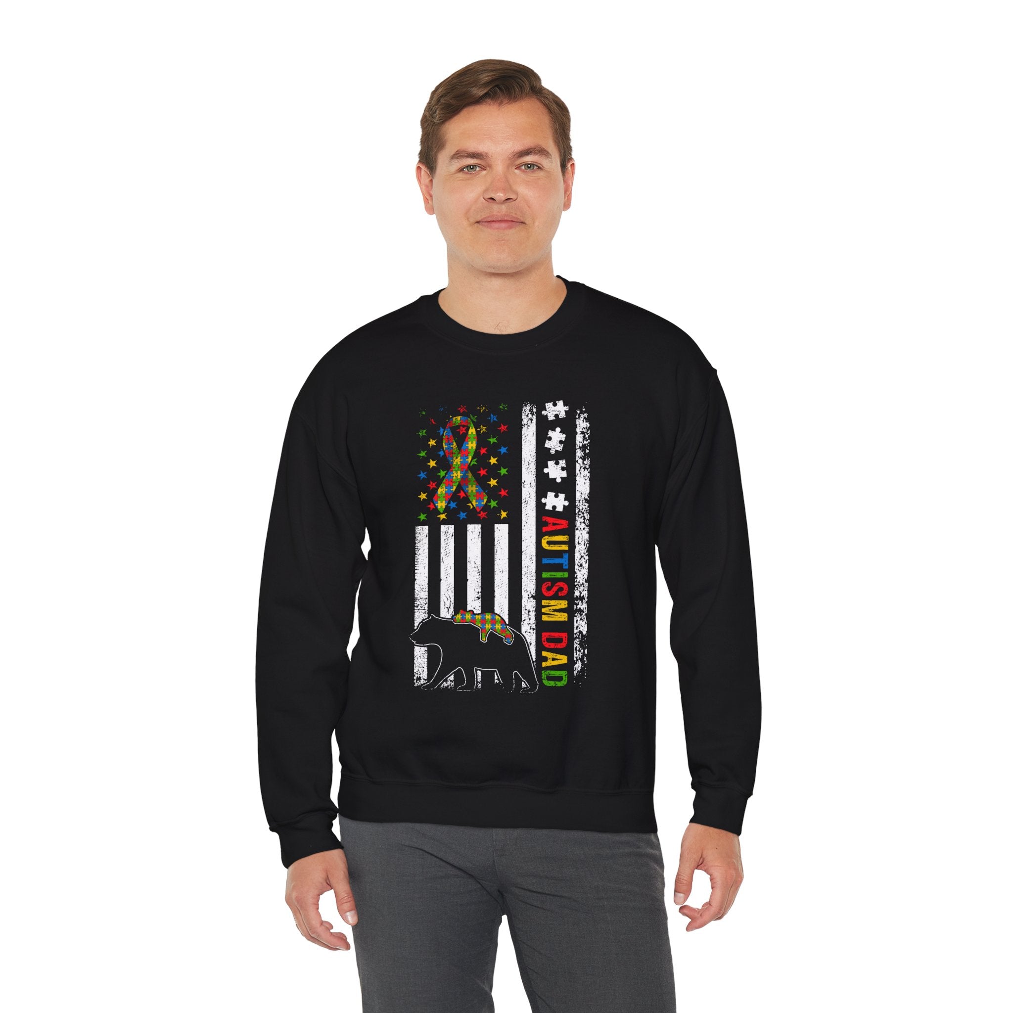 Autism Dad Crewneck Sweatshirt — American Flag Puzzle Ribbon Elephant Design