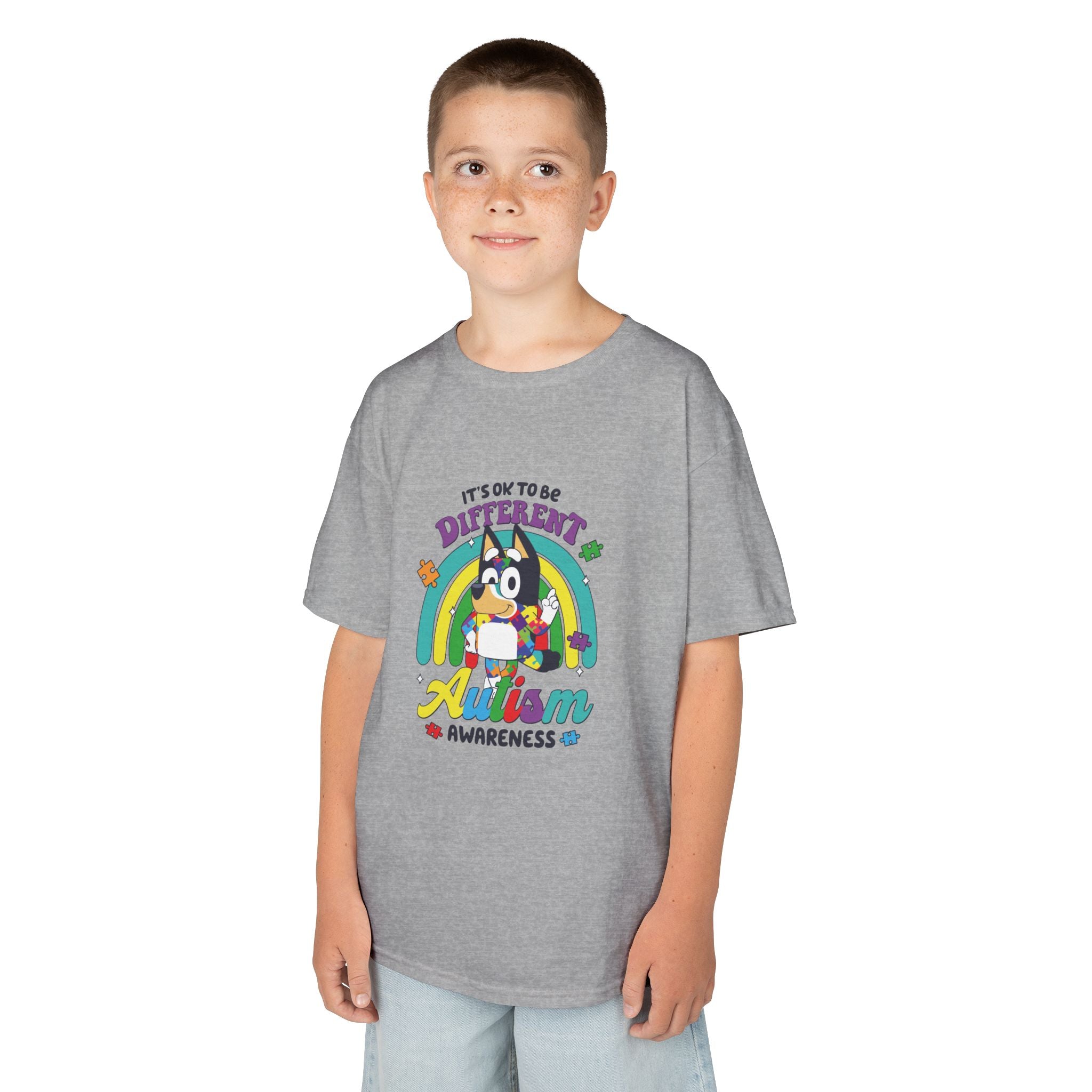 Kids Tee — "It's OK to Be Different" Autism Awareness Rainbow Design