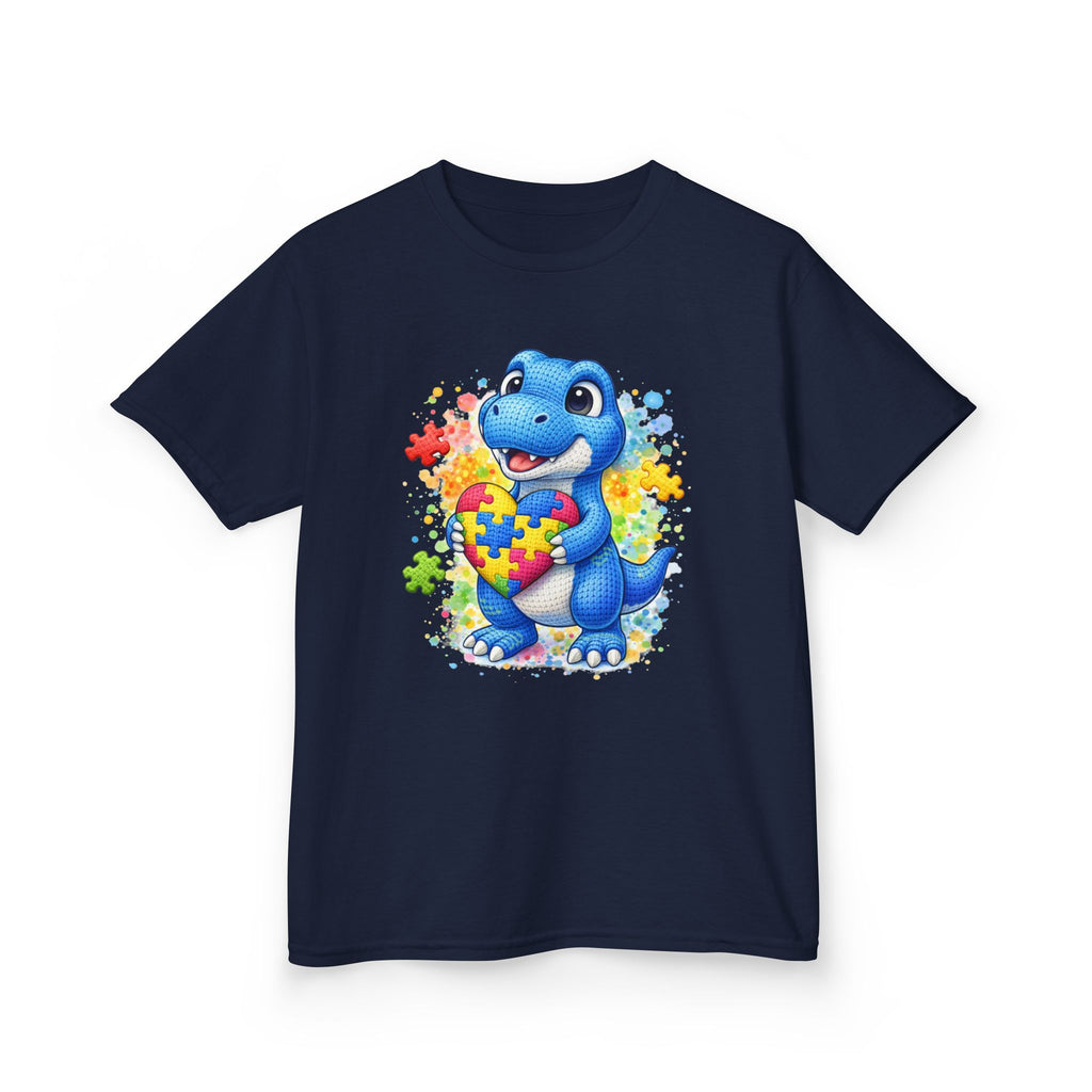 Kids T‑Shirt — Cute Blue Dinosaur Holding Puzzle Heart (Autism Awareness)