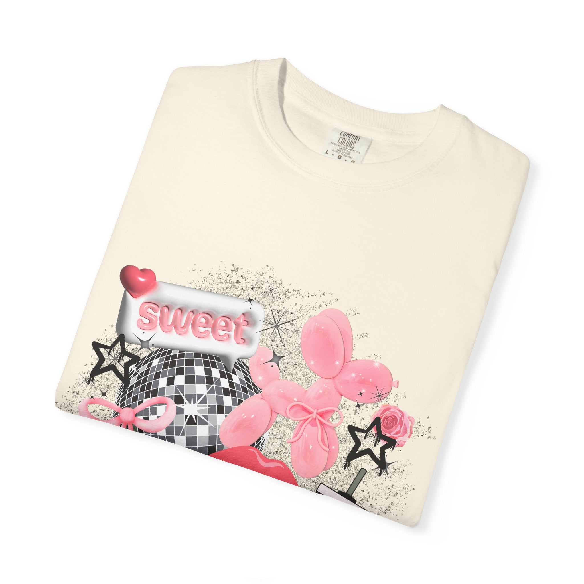 Sweet Kitsch Graphic T-Shirt — Pink Hearts, Lips & Strawberry Design