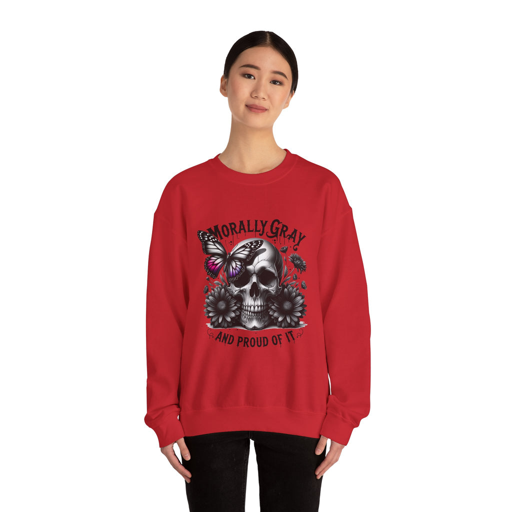Morally Gray Skull Crewneck Sweatshirt – "Morally Gray and Proud of It" Gothic Butterfly Design